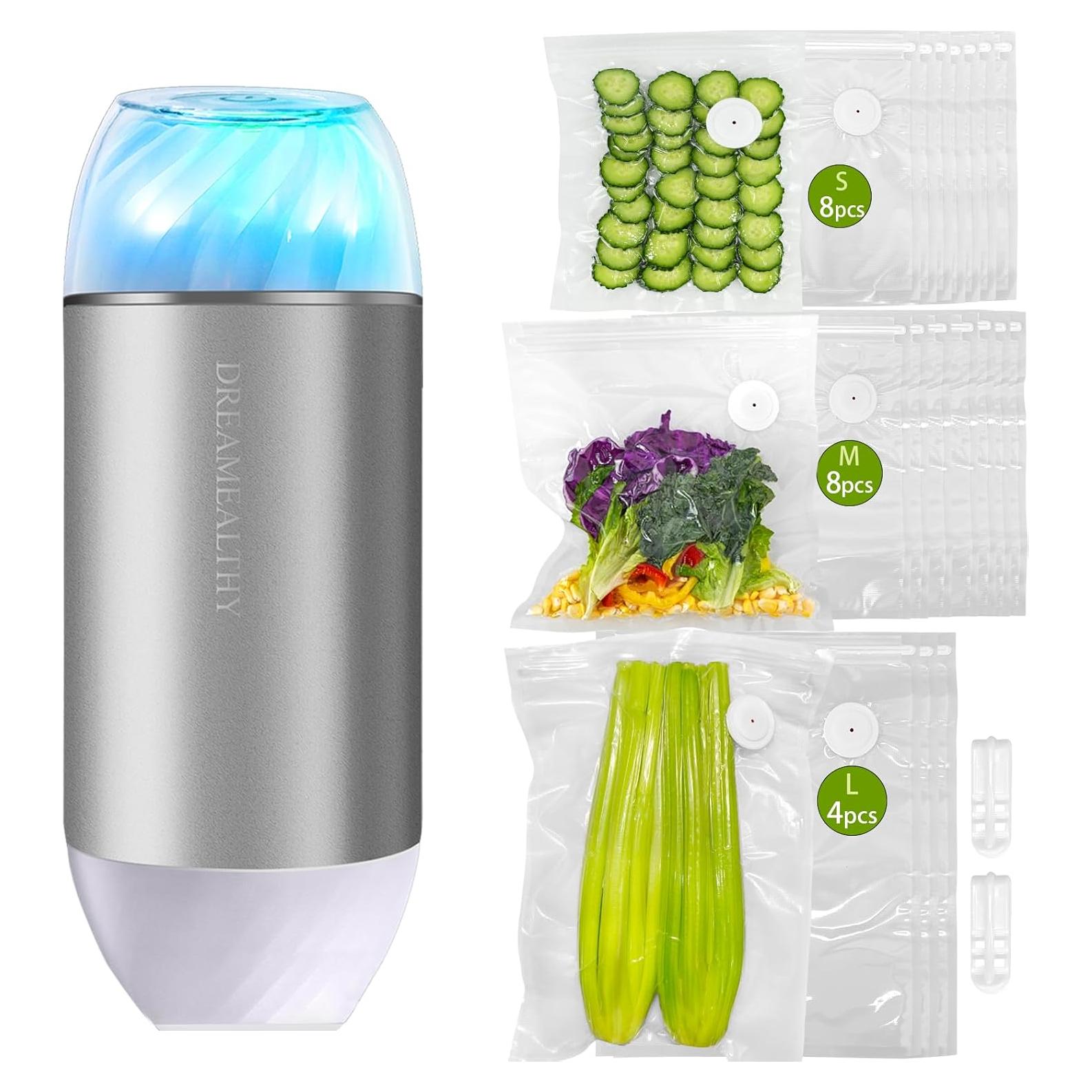 Sellador de Vacío de Mano VP04 - Compacto con 20 Bolsas Reutilizables