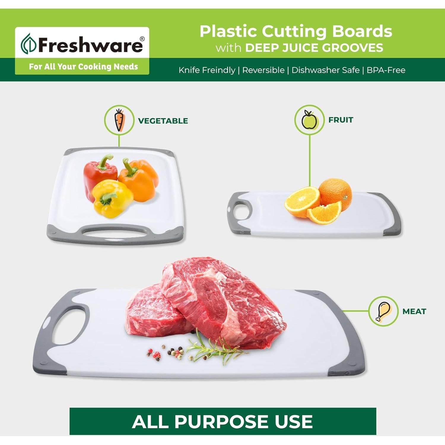 Juego de 3 Tablas de Cortar Freshware, Antideslizantes y Reversibles