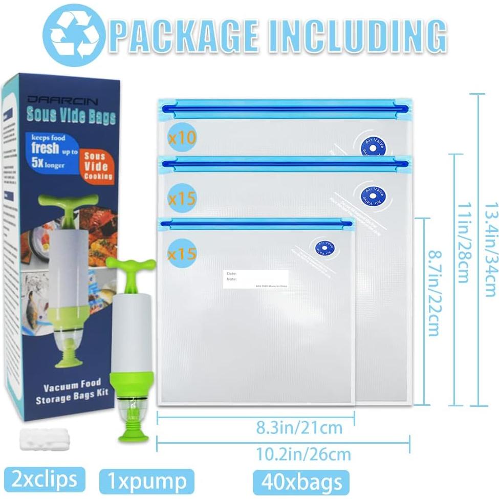 Kit 40pcs Bolsas Sous Vide Daarcin Libre de BPA con Bomba