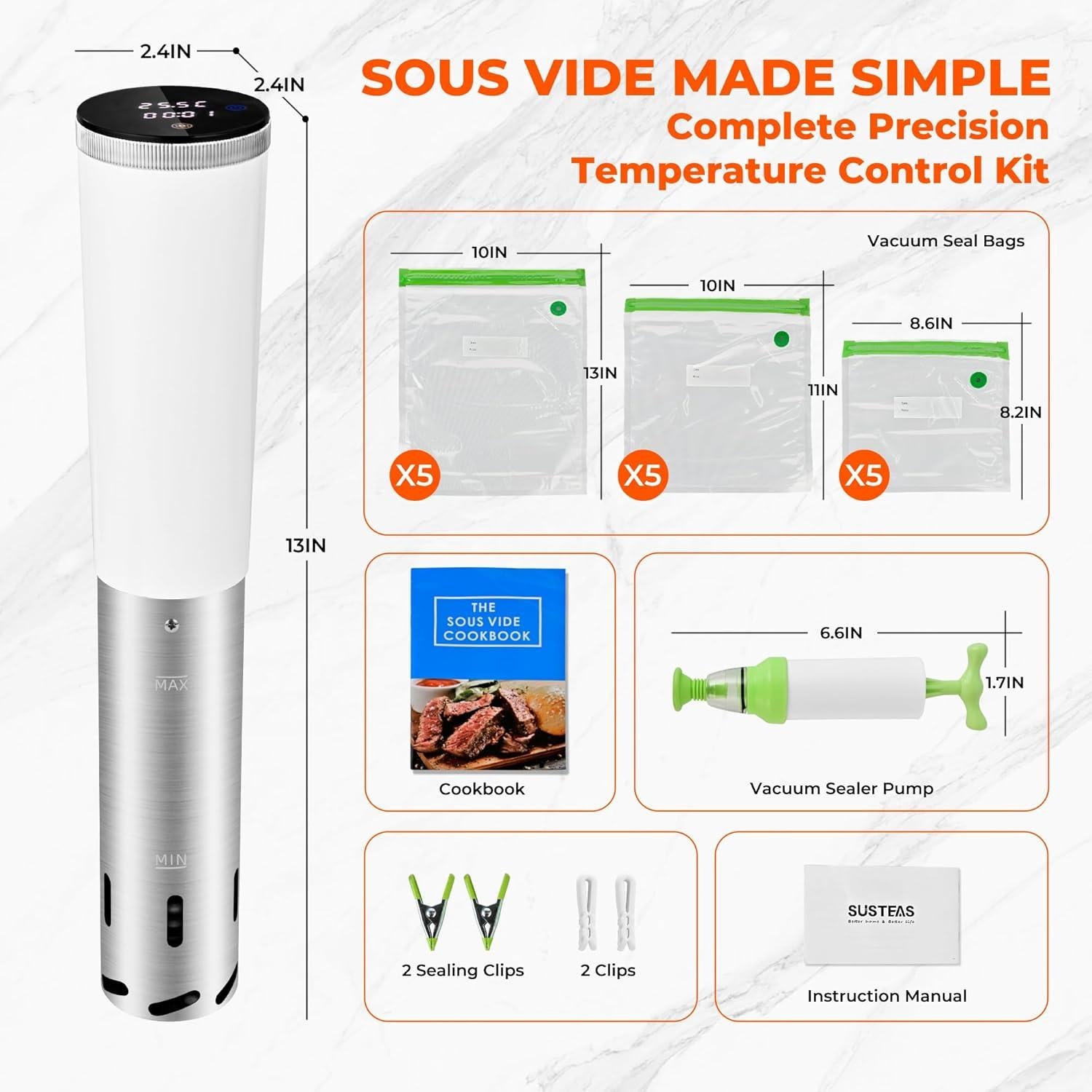 Cocinero Sous Vide SUSTEAS SV220 1200W Control Táctil Blanco
