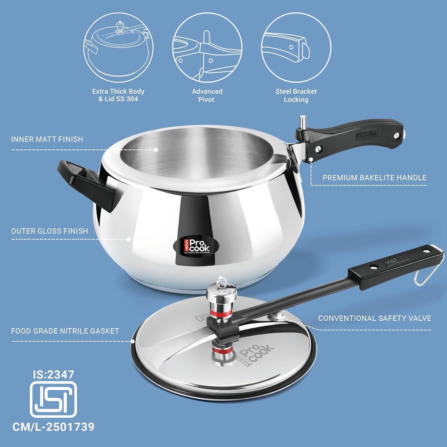 Olla a presión Milton 3L acero inoxidable con válvula de seguridad