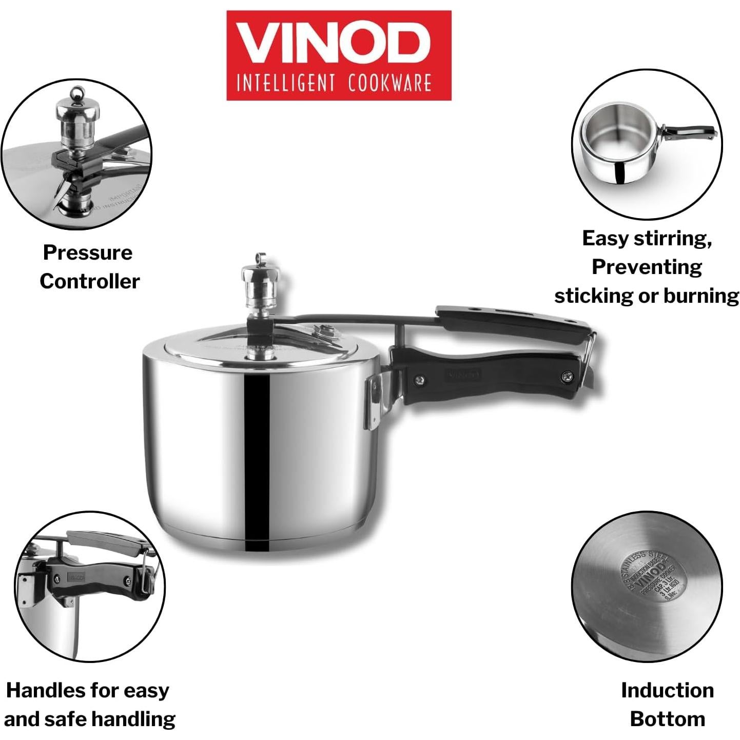 Olla a presión Vinod 3L de acero inoxidable con tapa interior