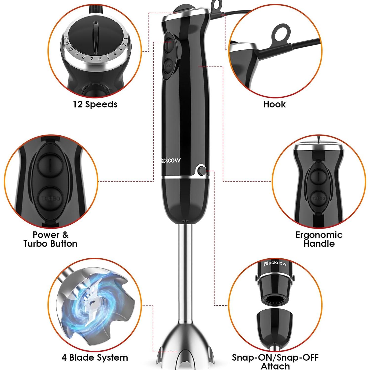 Batidora de Inmersión Blackcow 500W 12 Velocidades con Accesorios