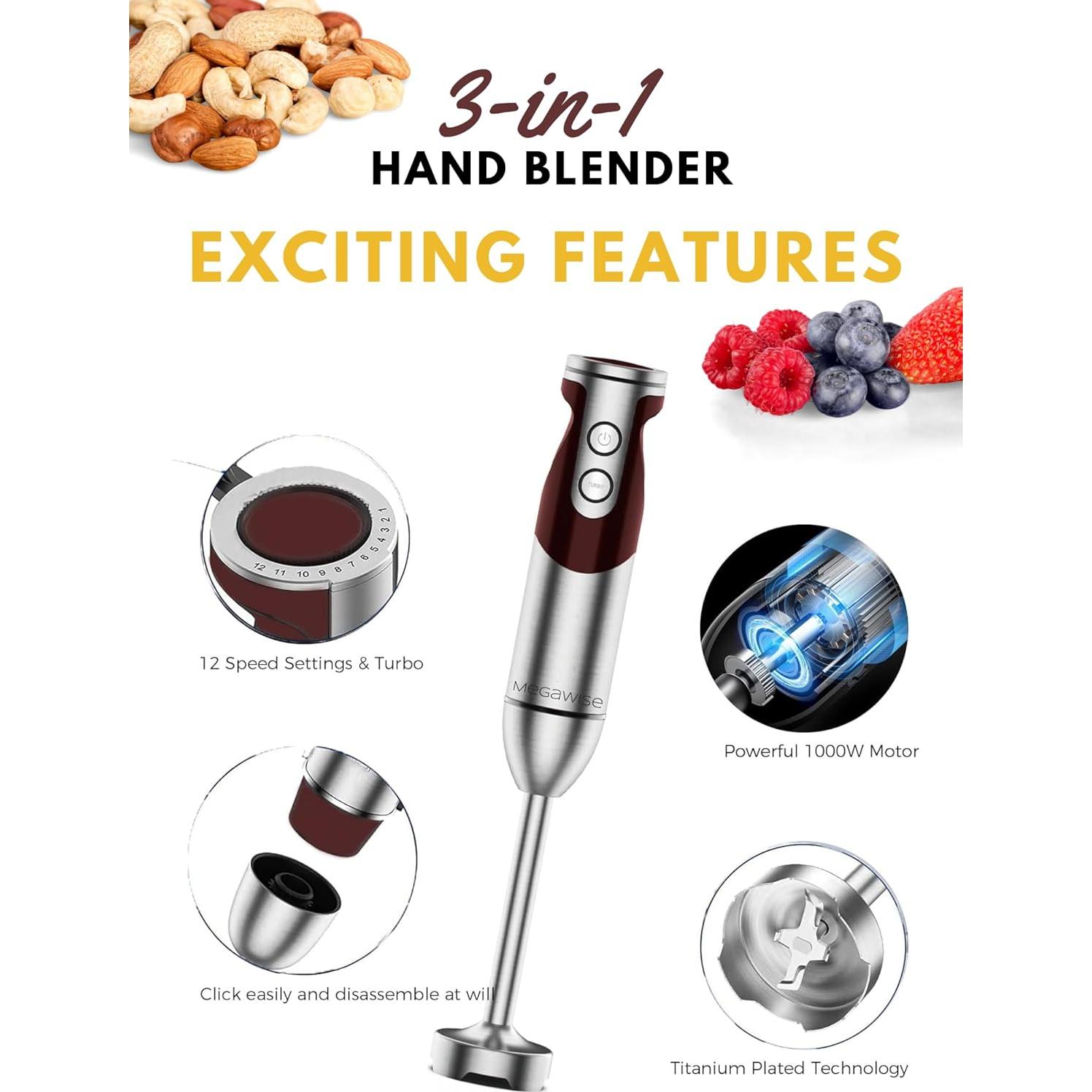 Batidora de Mano Megawise 3-en-1 1000W 12 Velocidades - Negro
