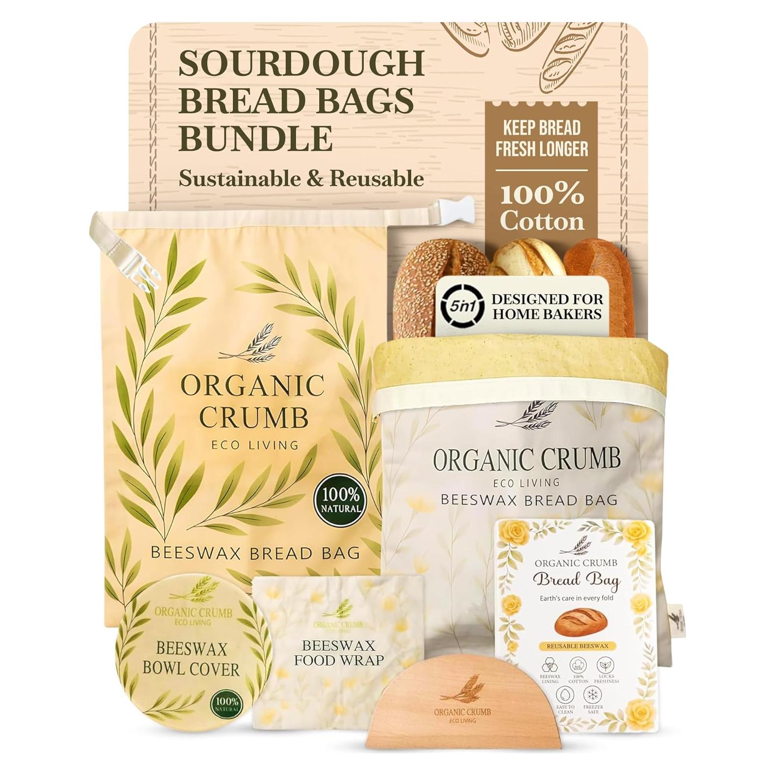 Kit 5 en 1 de Almacenamiento de Pan Organic Crumb - 2 Bolsas XL de Cera de Abeja, Cubierta de Tazón y Raspador de Masa