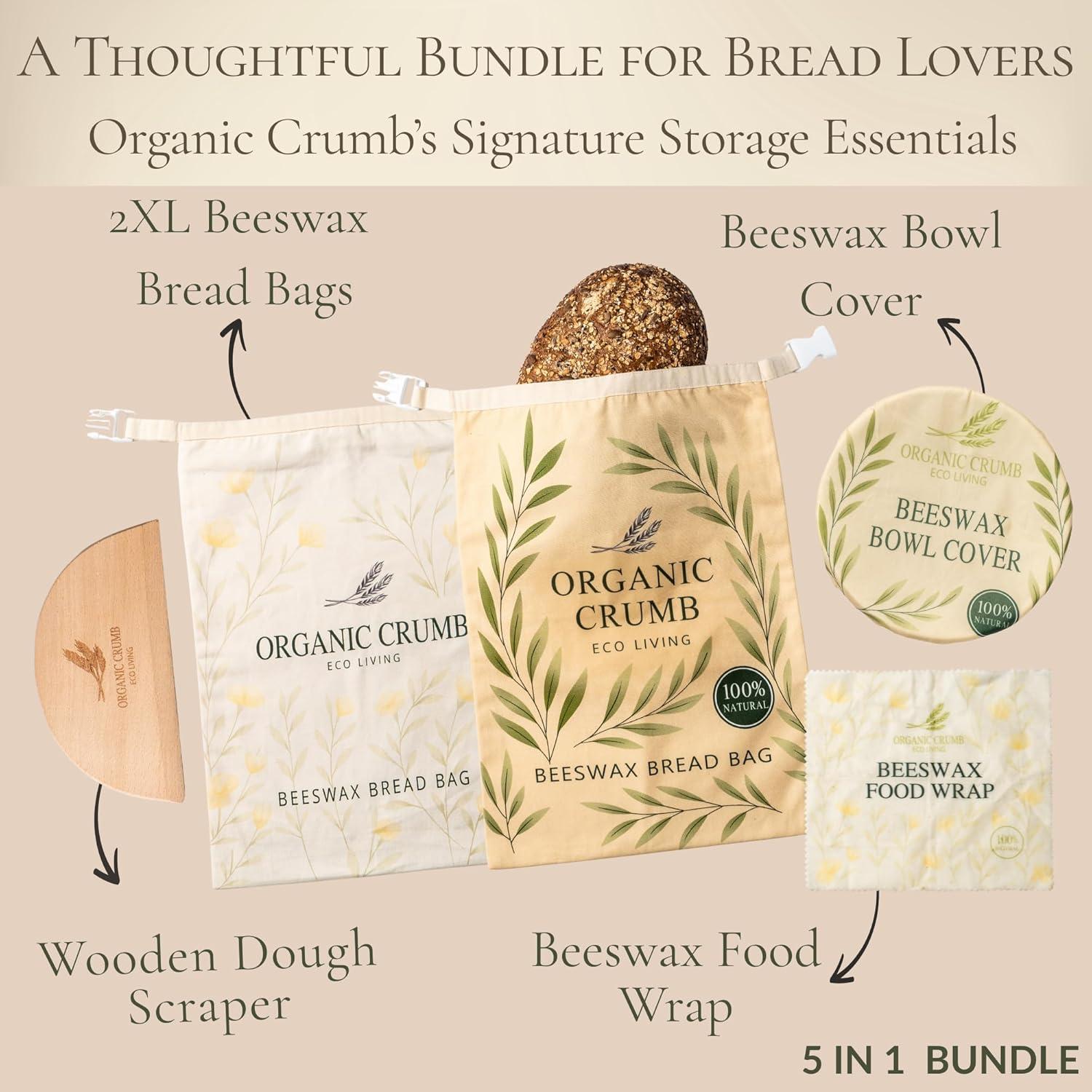Kit 5 en 1 de Almacenamiento de Pan Organic Crumb - 2 Bolsas XL de Cera de Abeja, Cubierta de Tazón y Raspador de Masa