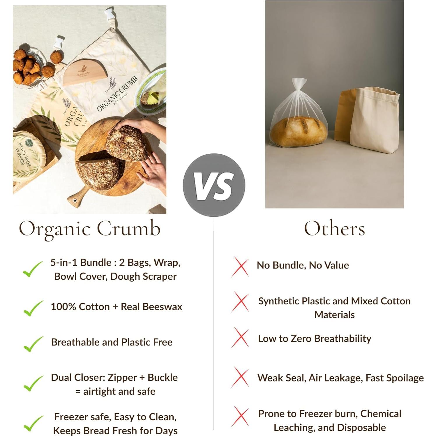 Kit 5 en 1 de Almacenamiento de Pan Organic Crumb - 2 Bolsas XL de Cera de Abeja, Cubierta de Tazón y Raspador de Masa