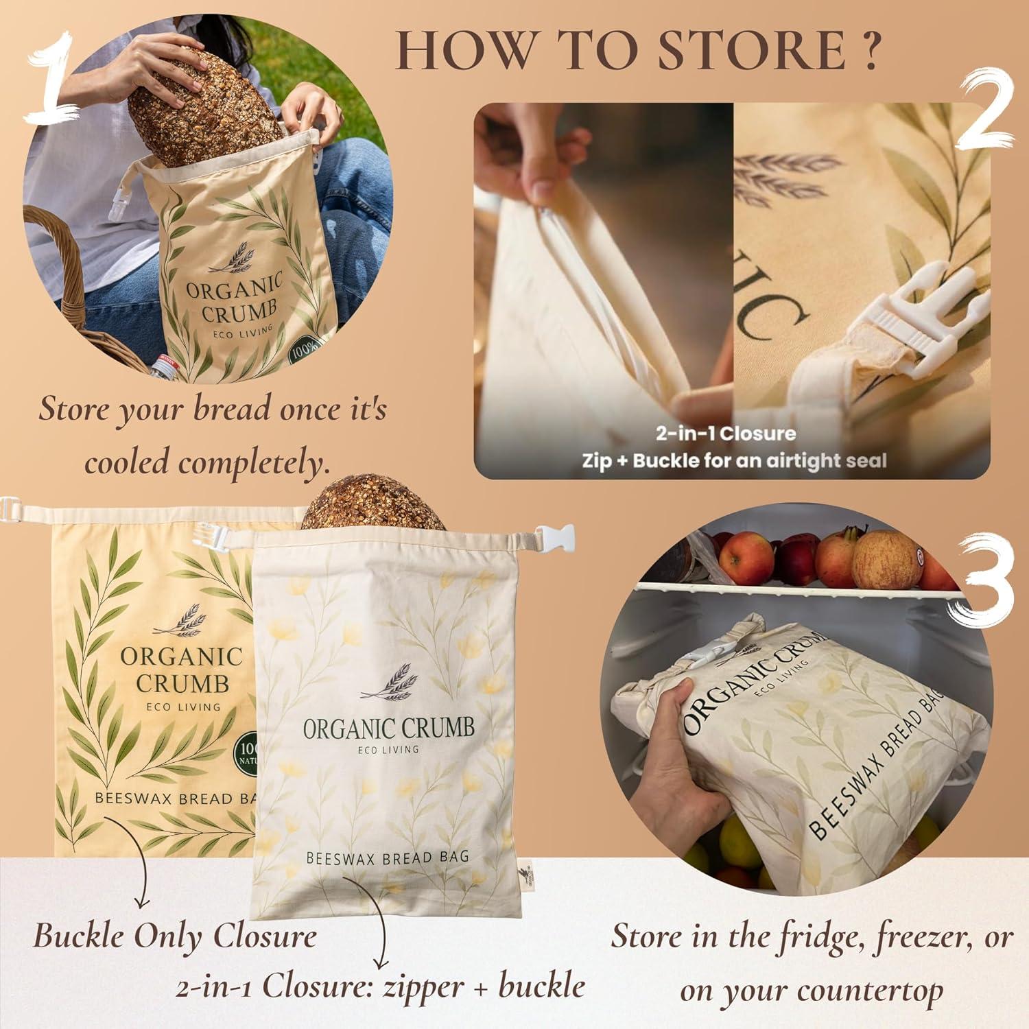 Kit 5 en 1 de Almacenamiento de Pan Organic Crumb - 2 Bolsas XL de Cera de Abeja, Cubierta de Tazón y Raspador de Masa
