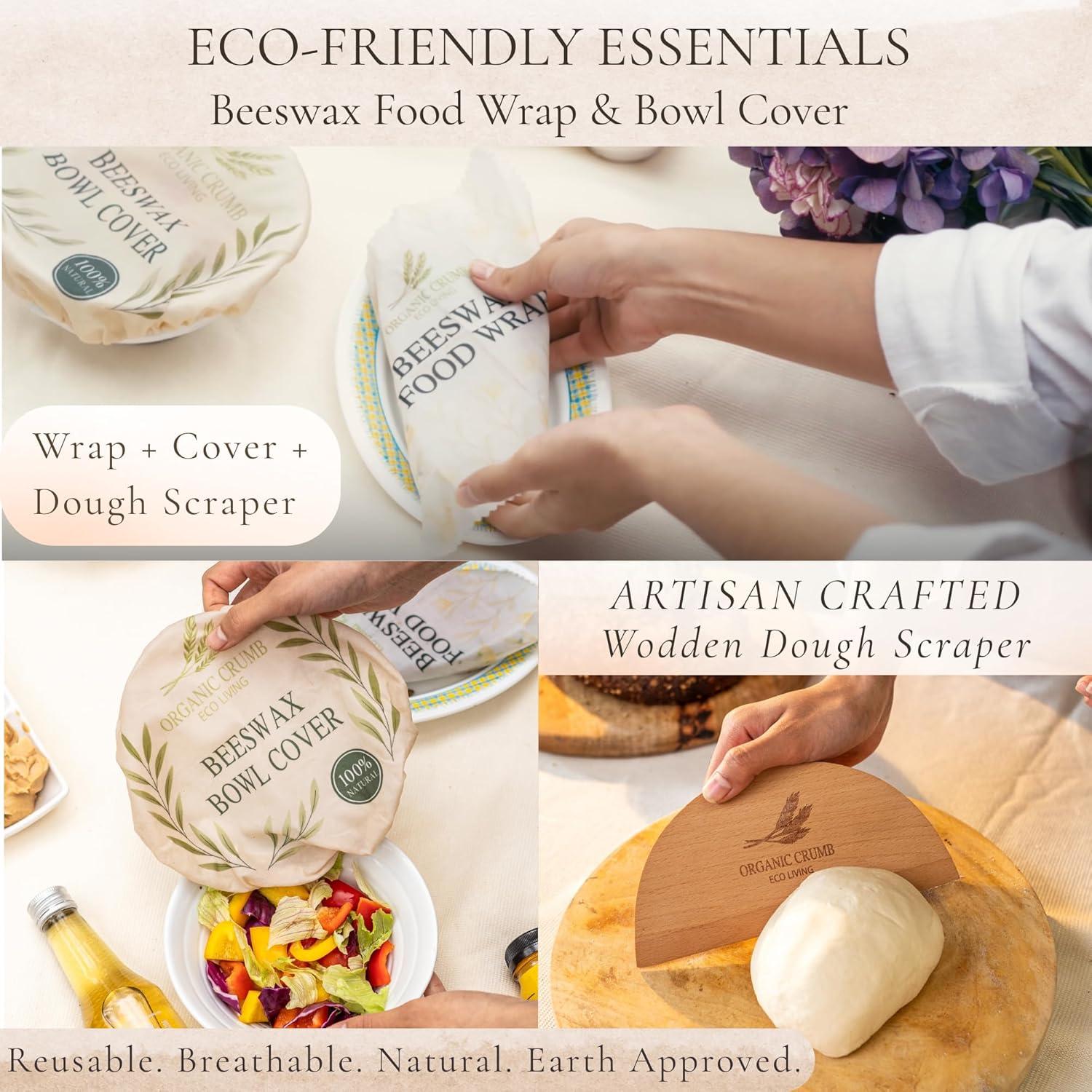 Kit 5 en 1 de Almacenamiento de Pan Organic Crumb - 2 Bolsas XL de Cera de Abeja, Cubierta de Tazón y Raspador de Masa
