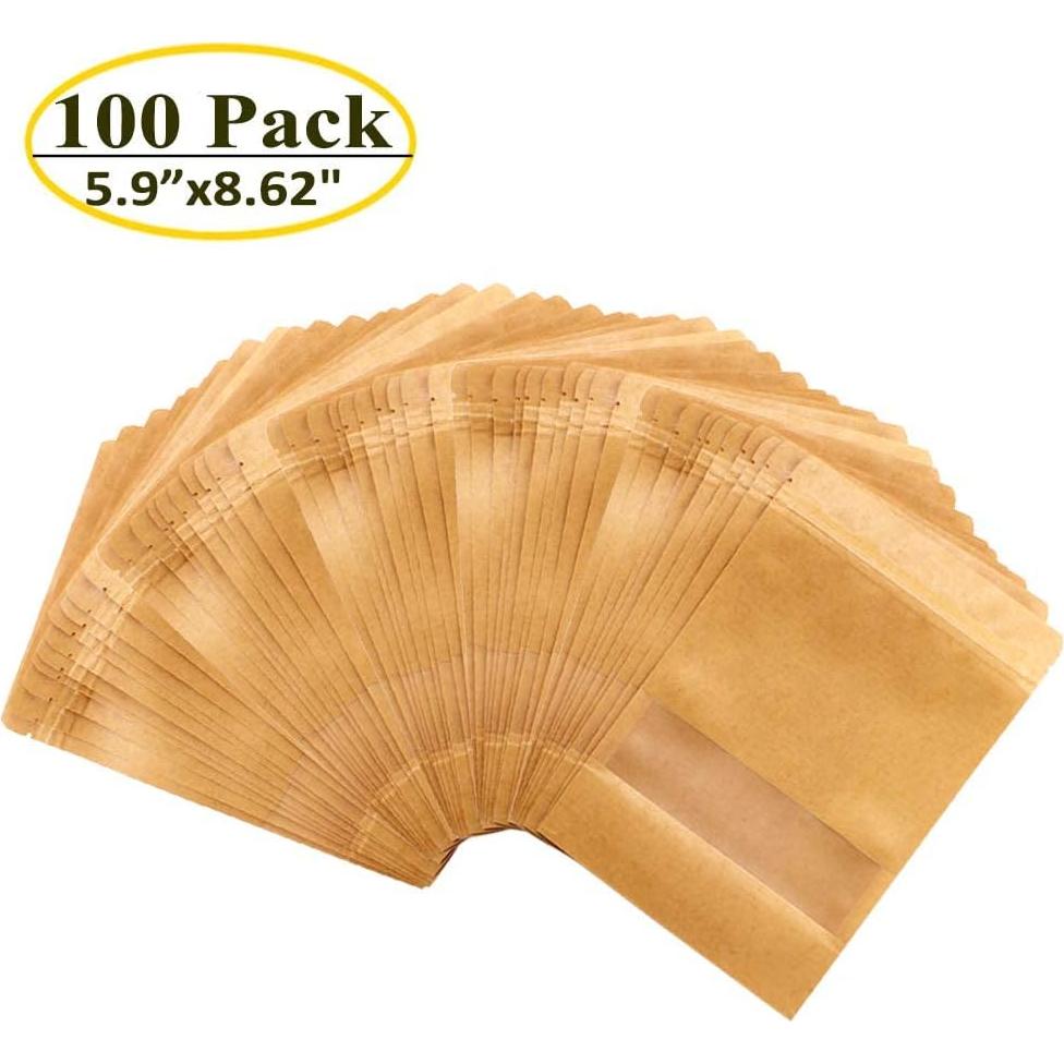 100 Bolsas de Papel Kraft 15x22cm con Ventana Mate Belinlen