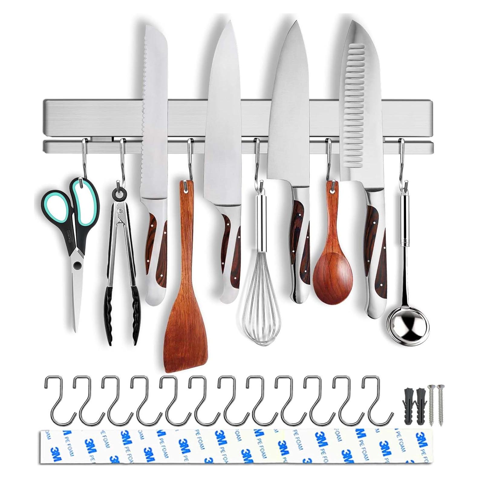 Soporte Magnético para Cuchillos HomeSimplex 43 cm con 12 Ganchos