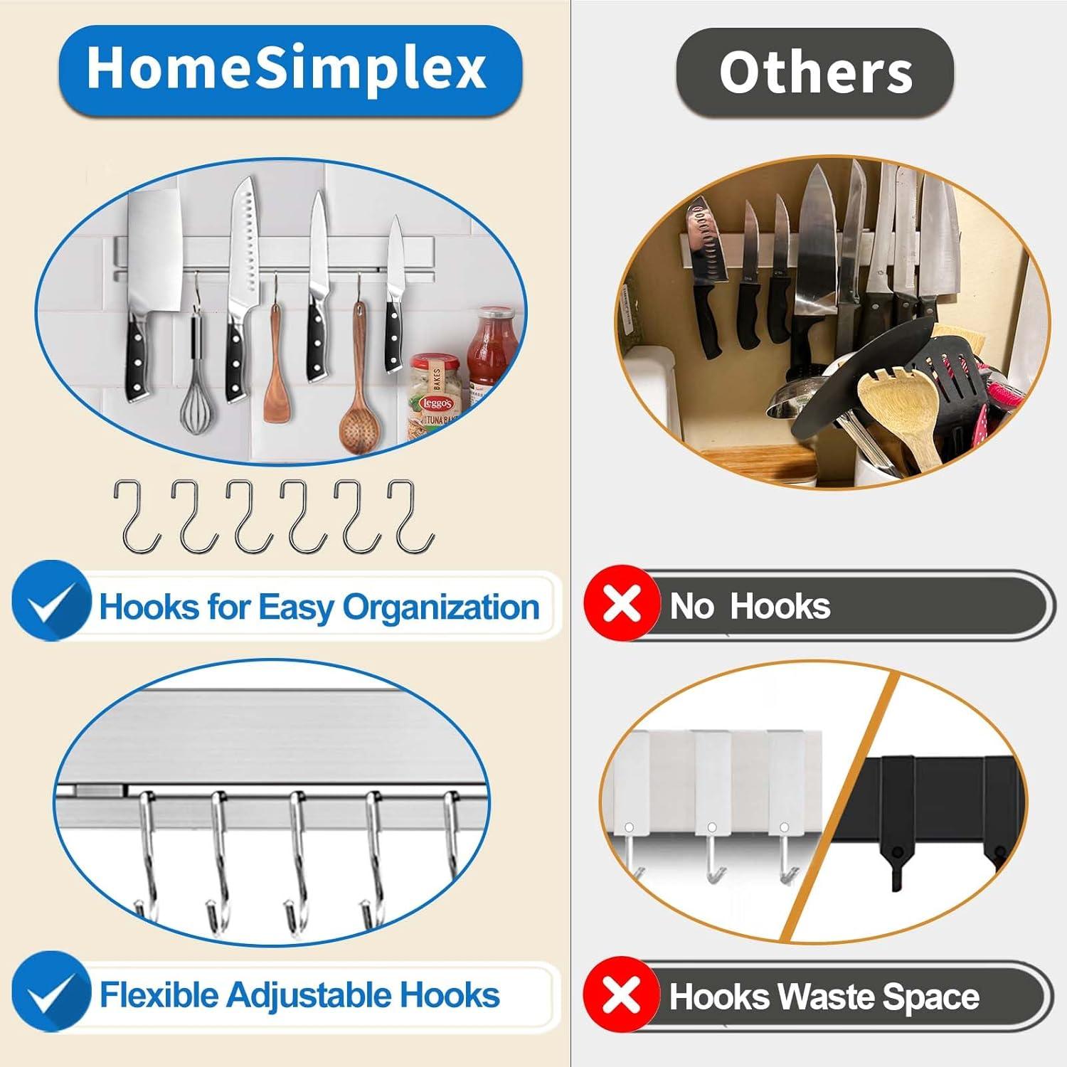 Soporte Magnético para Cuchillos HomeSimplex 43 cm con 12 Ganchos