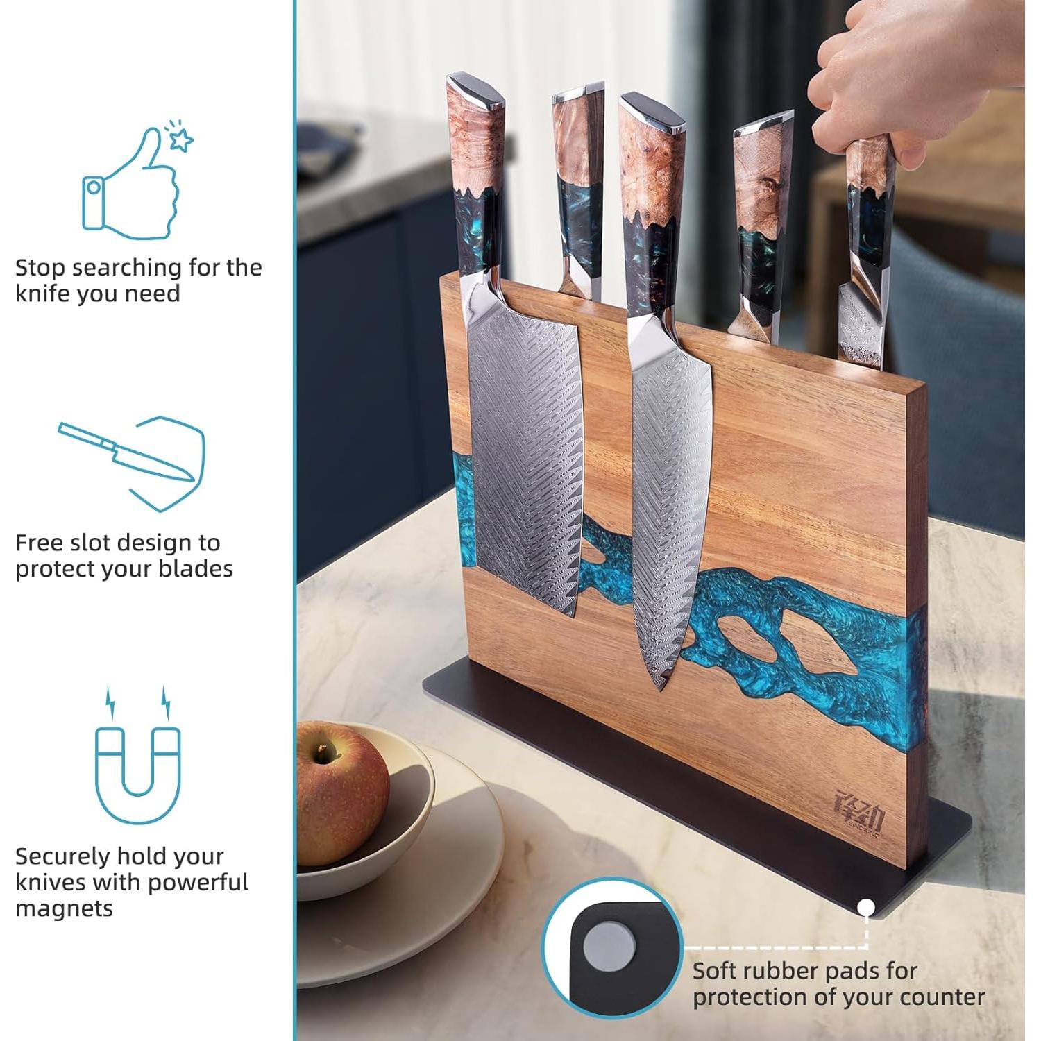 Soporte Magnético para Cuchillos FINDKING, Madera Acacia y Resina Azul, 30.5x25.4 cm