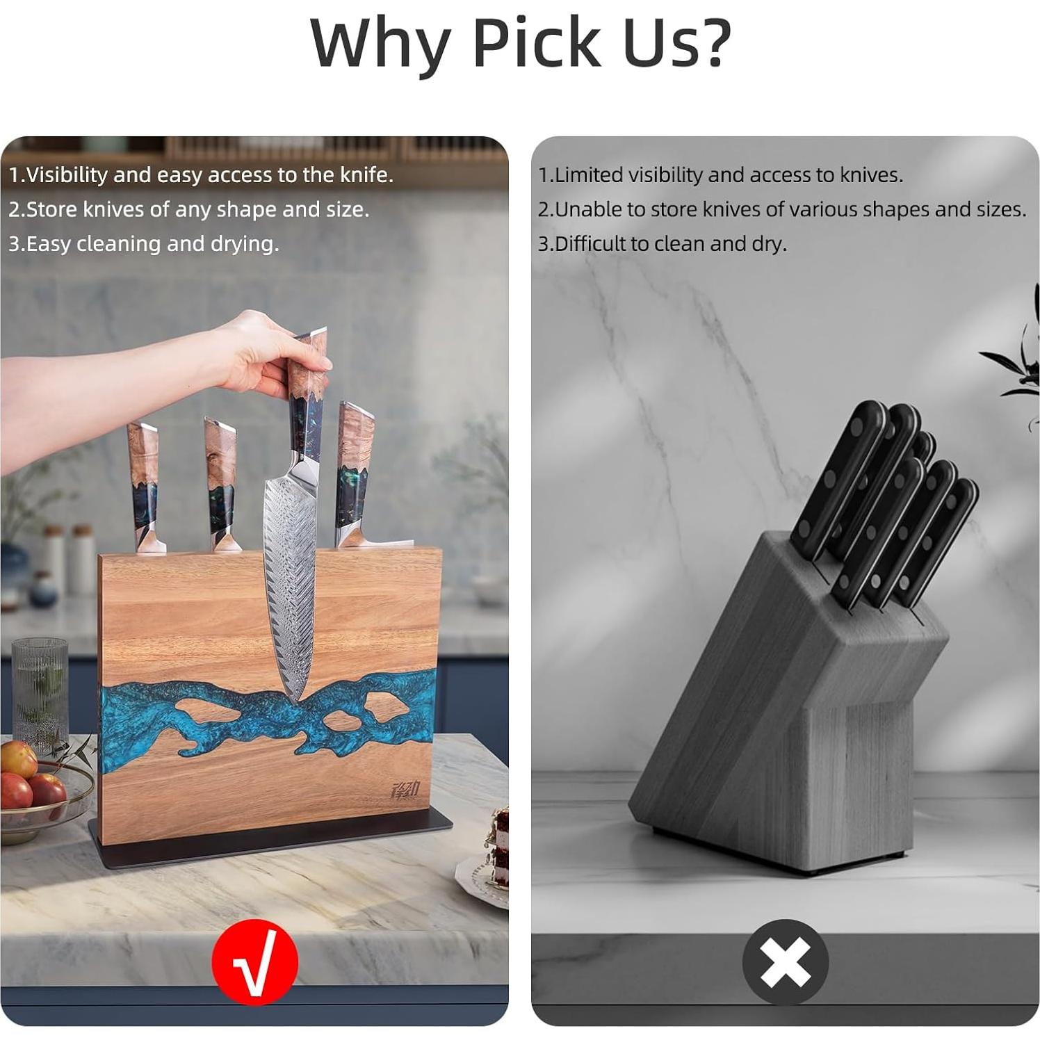 Soporte Magnético para Cuchillos FINDKING, Madera Acacia y Resina Azul, 30.5x25.4 cm