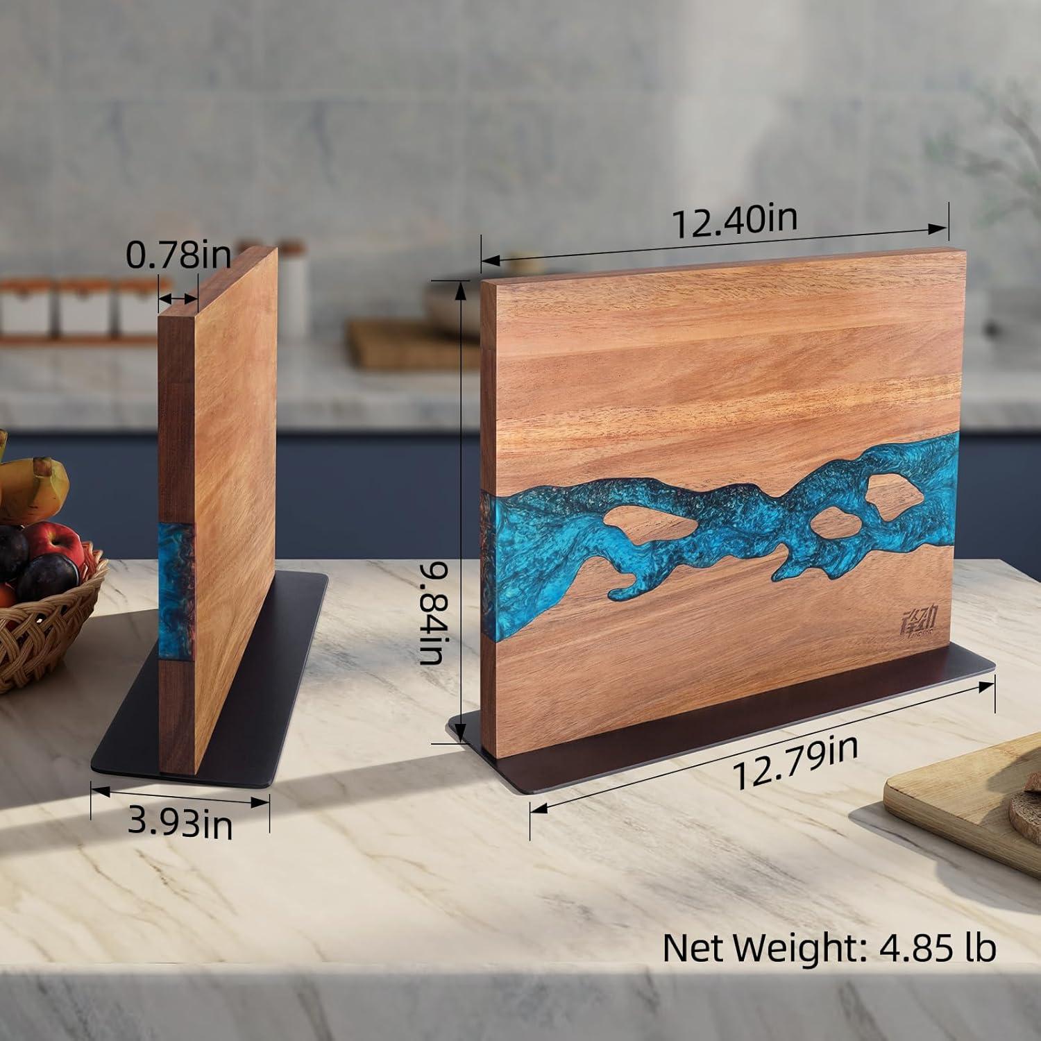 Soporte Magnético para Cuchillos FINDKING, Madera Acacia y Resina Azul, 30.5x25.4 cm