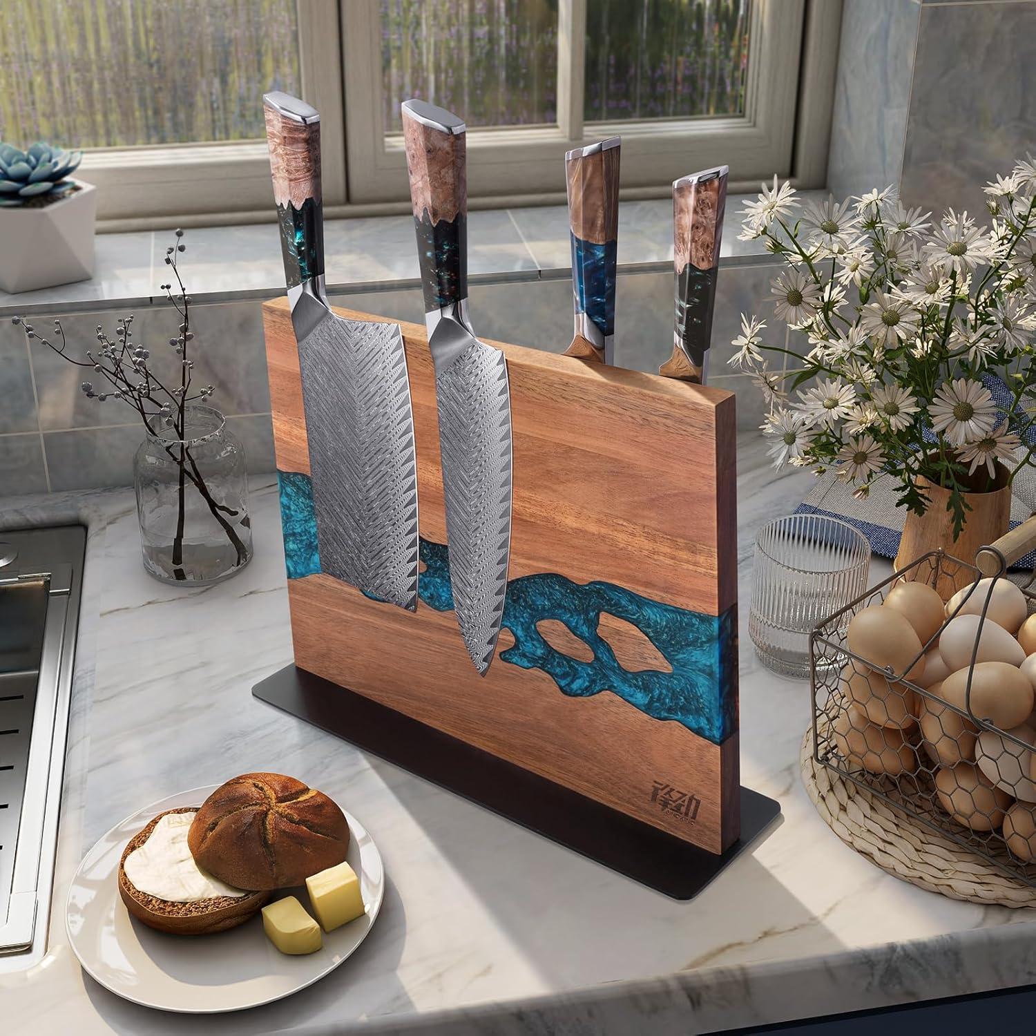 Soporte Magnético para Cuchillos FINDKING, Madera Acacia y Resina Azul, 30.5x25.4 cm