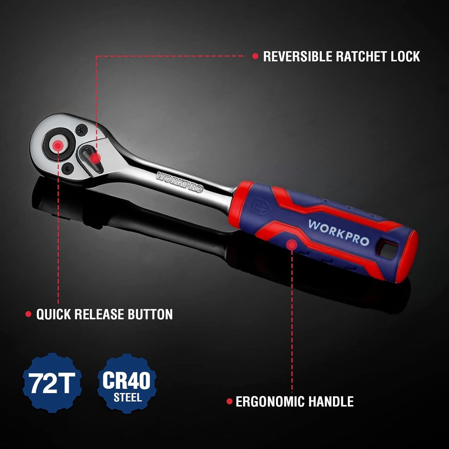 Set de Trinquete WORKPRO 3 Piezas 72 Dientes 0,64-1,27 cm