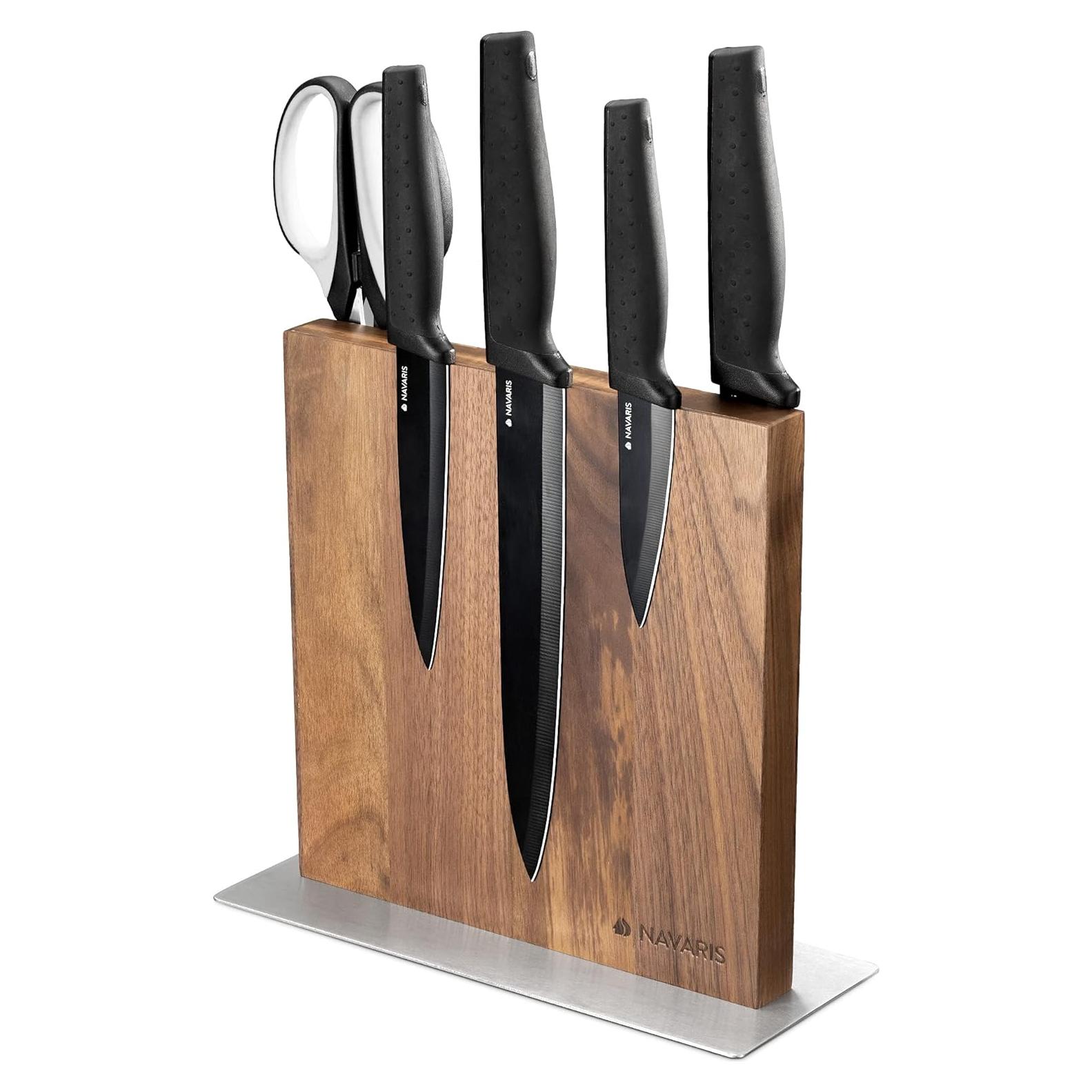 Bloque de cuchillos magnético Navaris de madera de nogal 24.1x23.1 cm