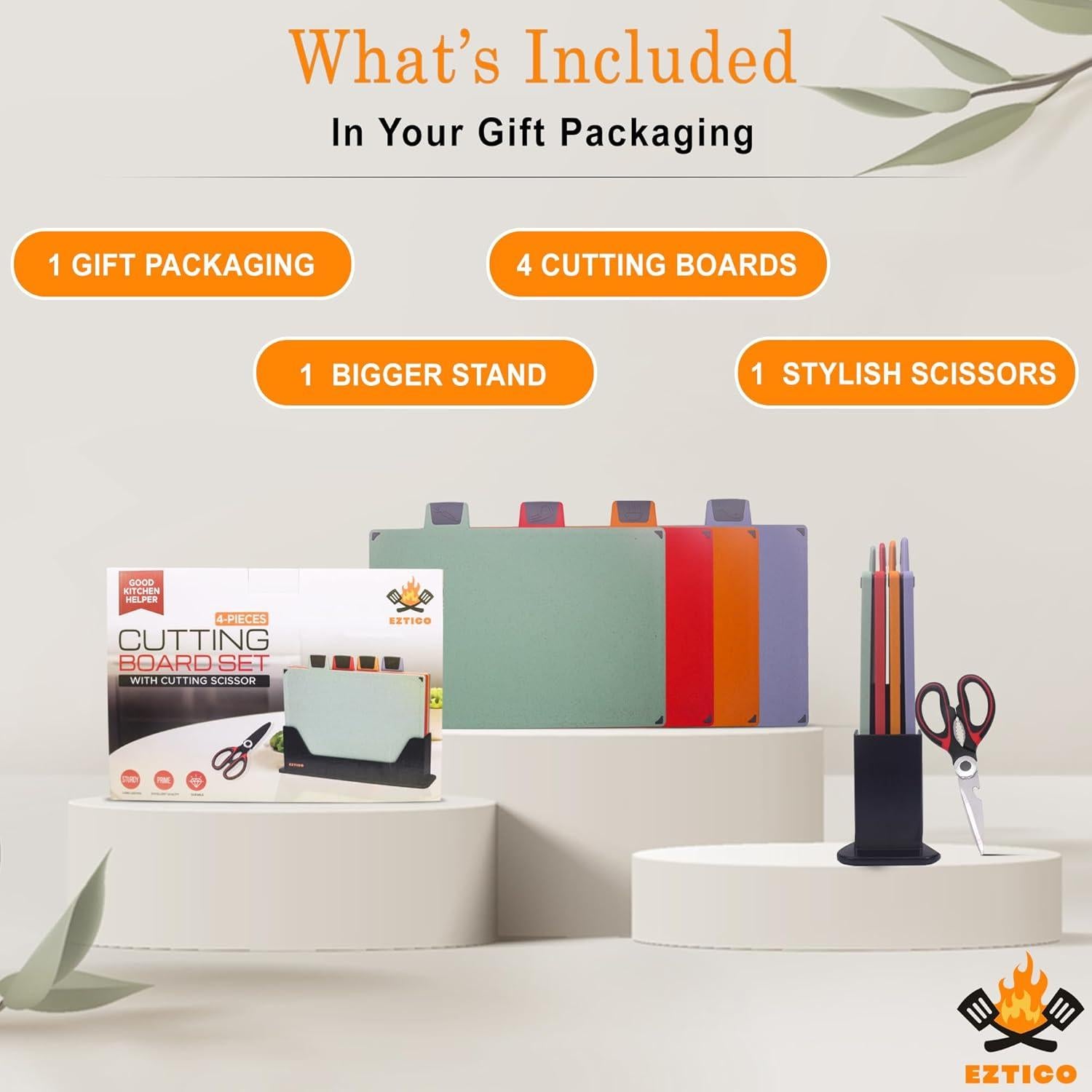 Juego de Tablas de Cortar EZTICO 4 Piezas Libre de BPA con Soporte
