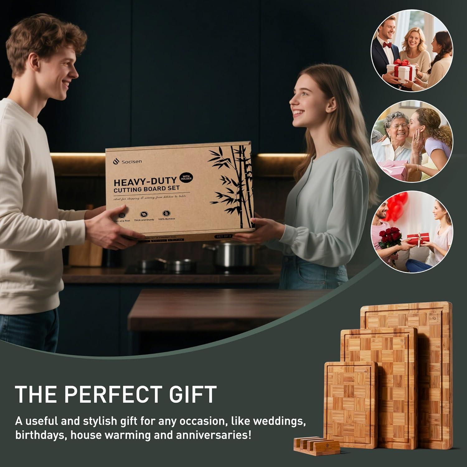 Juego de 3 Tablas de Cortar de Bambú Socisen Antideslizantes