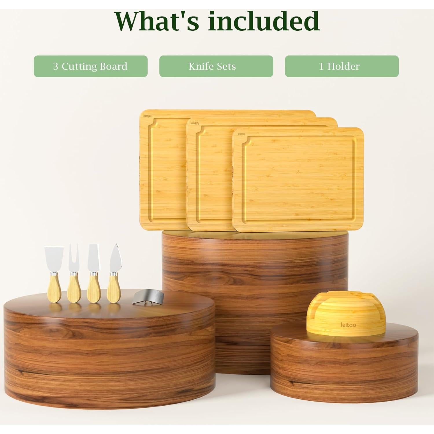Juego de Tablas de Cortar de Bambú KEGDAN con Soporte 3PCS