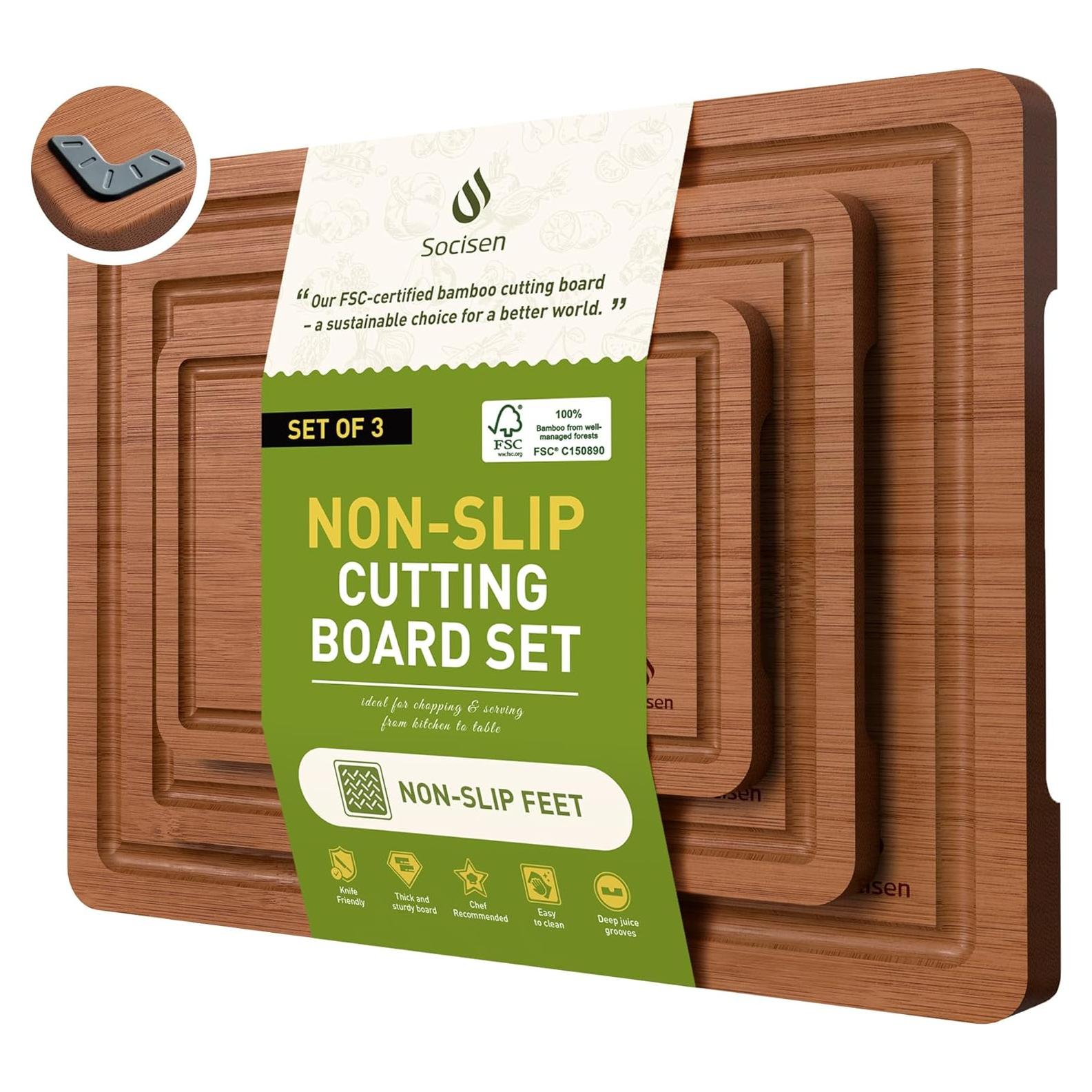 Juego de 3 Tablas de Cortar de Bambú Socisen Antideslizantes