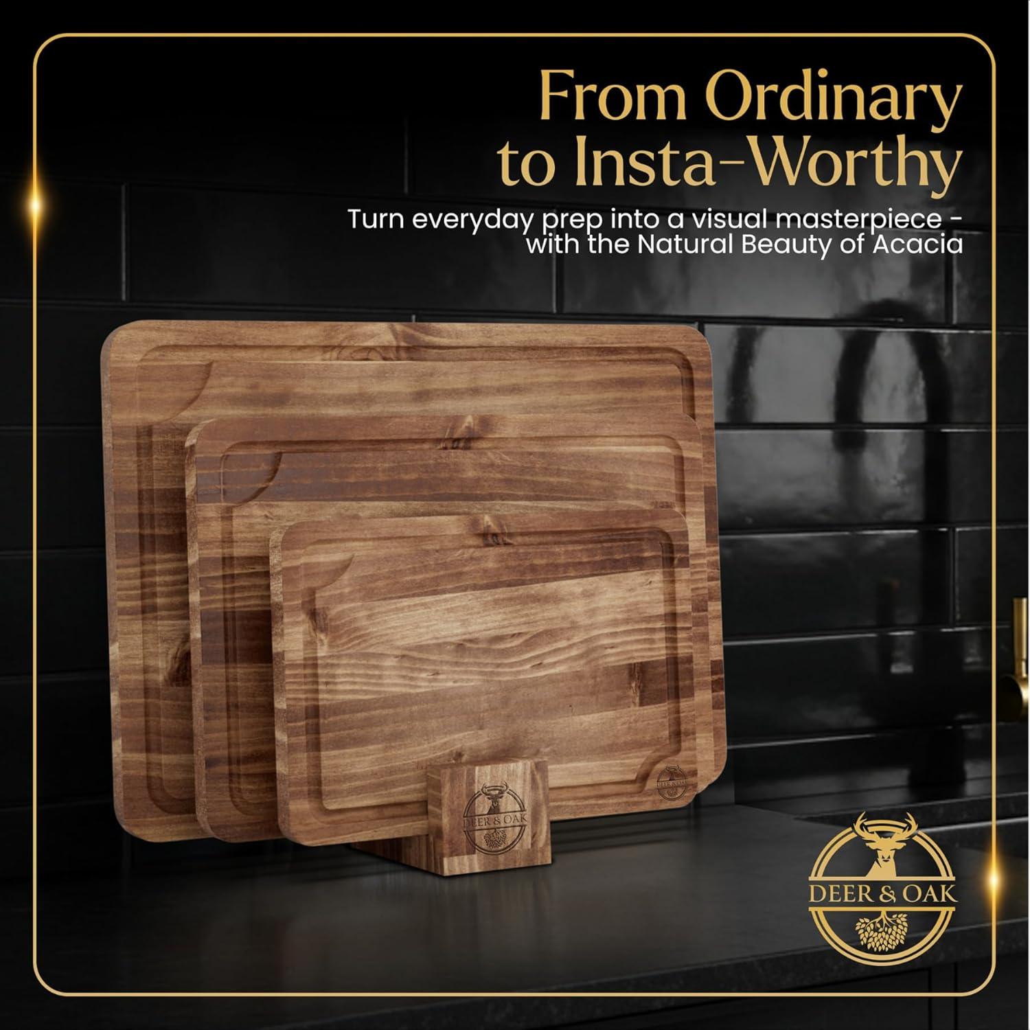 Juego de 3 Tablas de Cortar de Acacia Deer & Oak con Soporte