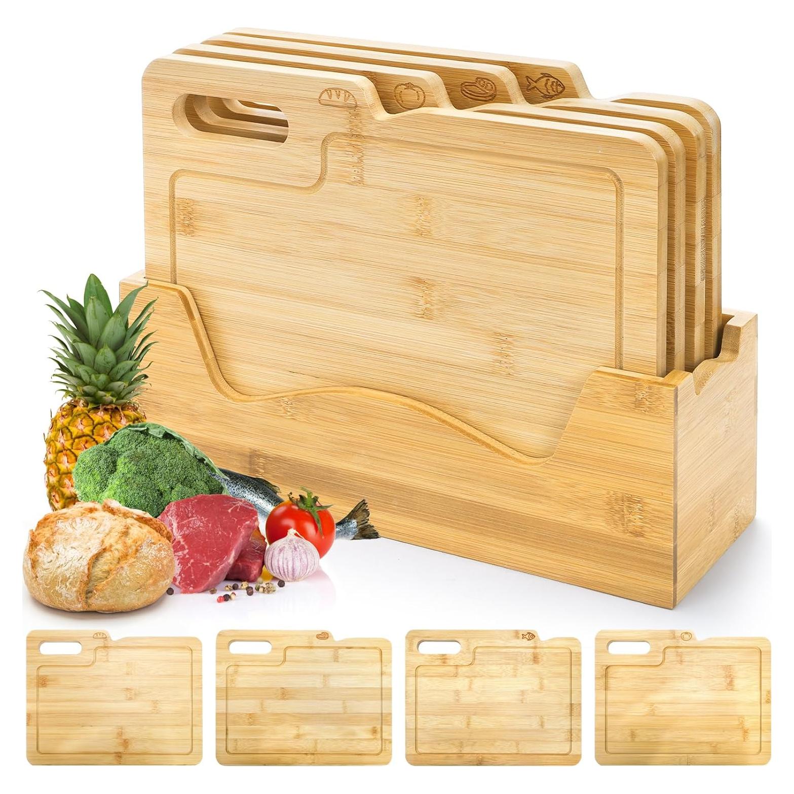 Juego de 4 Tablas de Cortar de Bambú ZENFUN con Soporte