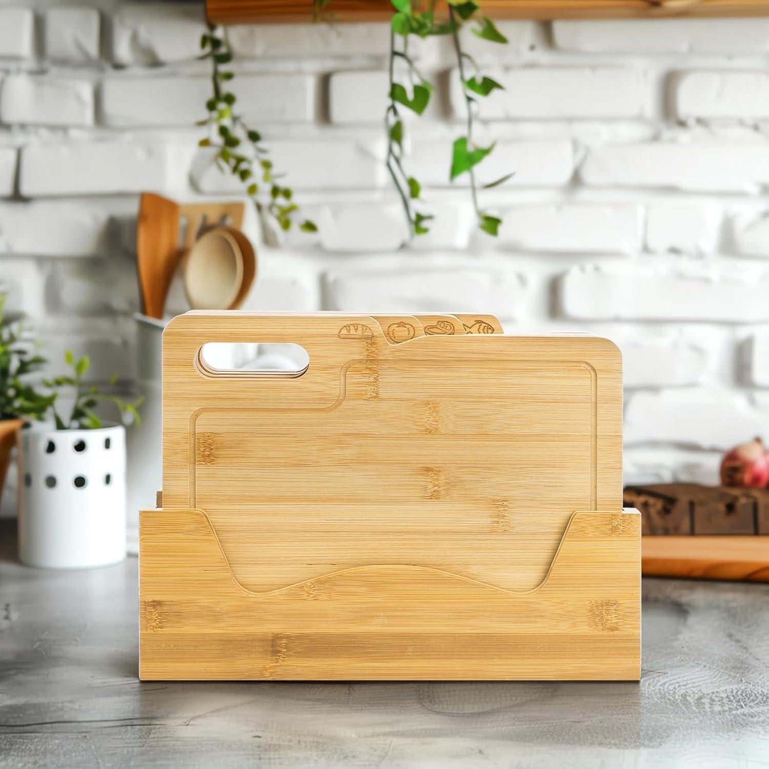 Juego de 4 Tablas de Cortar de Bambú ZENFUN con Soporte