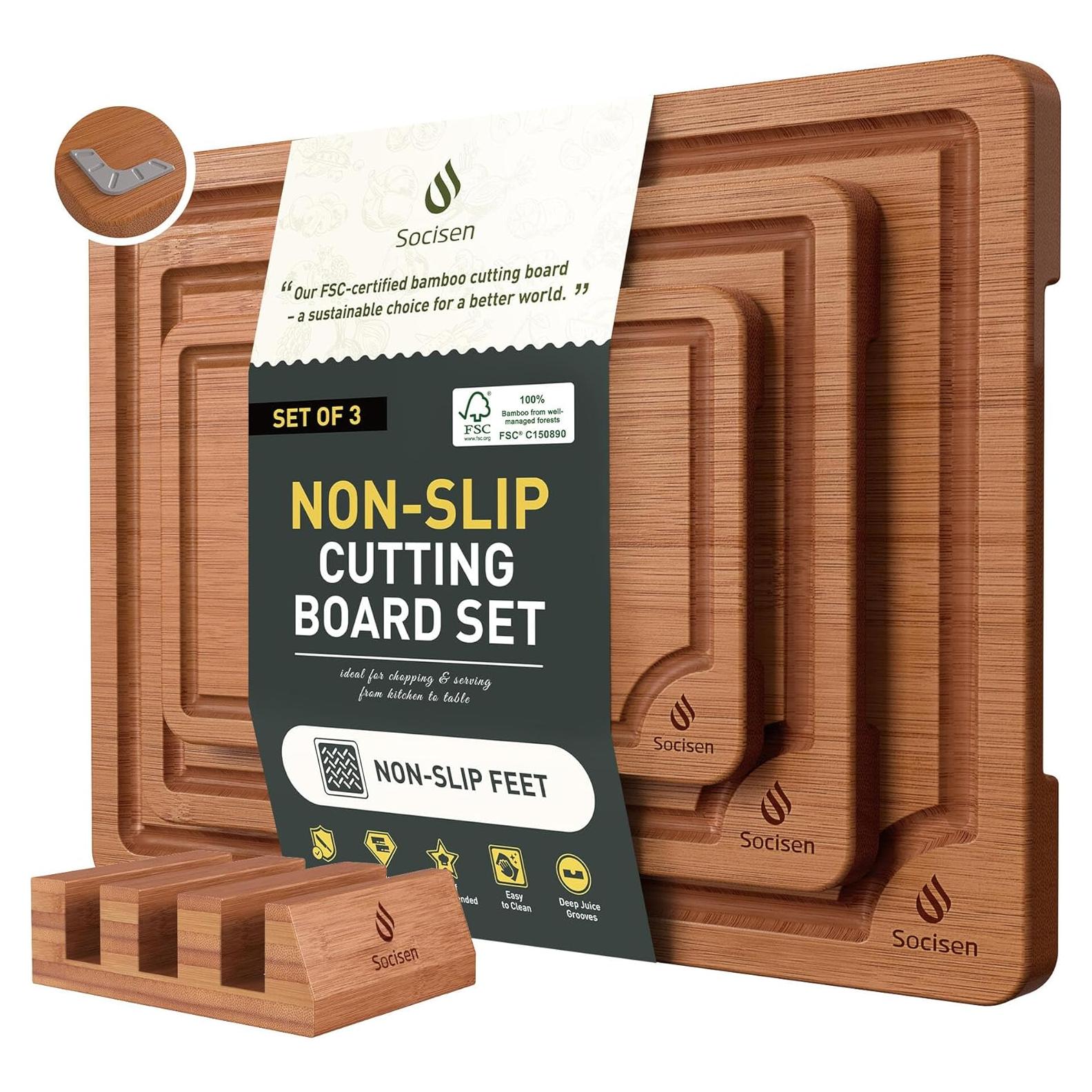 Juego de 3 Tablas de Cortar de Bambú Socisen Antideslizante