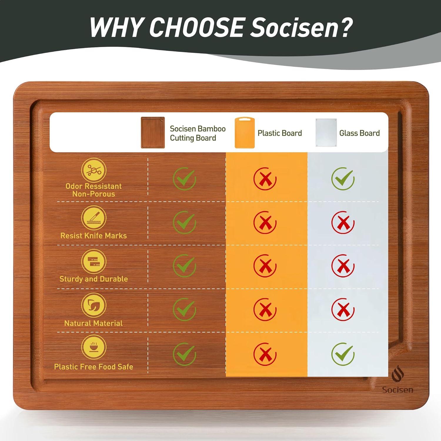 Juego de 3 Tablas de Cortar de Bambú Socisen Antideslizante