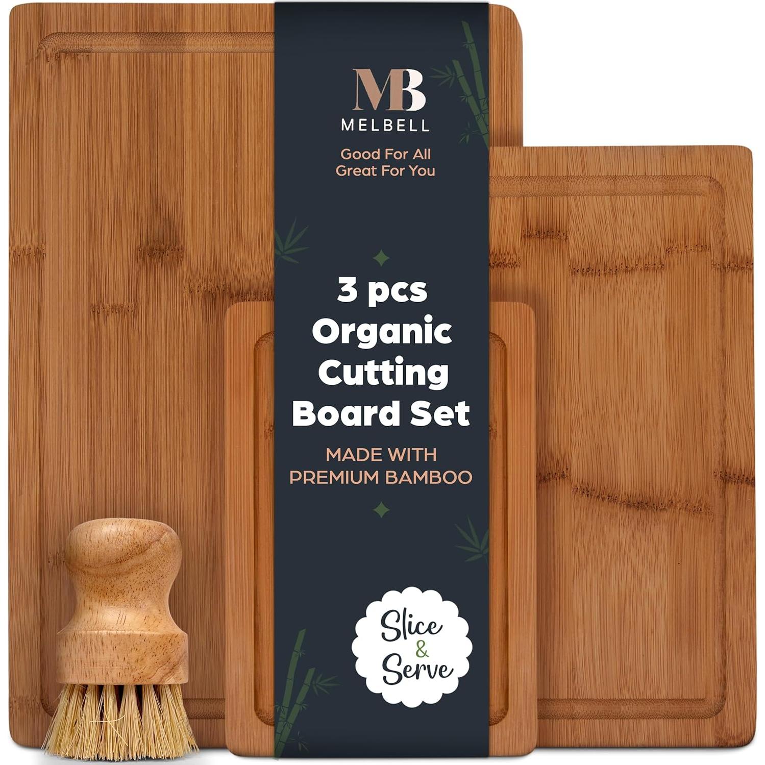 Juego de 3 Tablas de Cortar de Bambú MelBell con Canal para Jugo