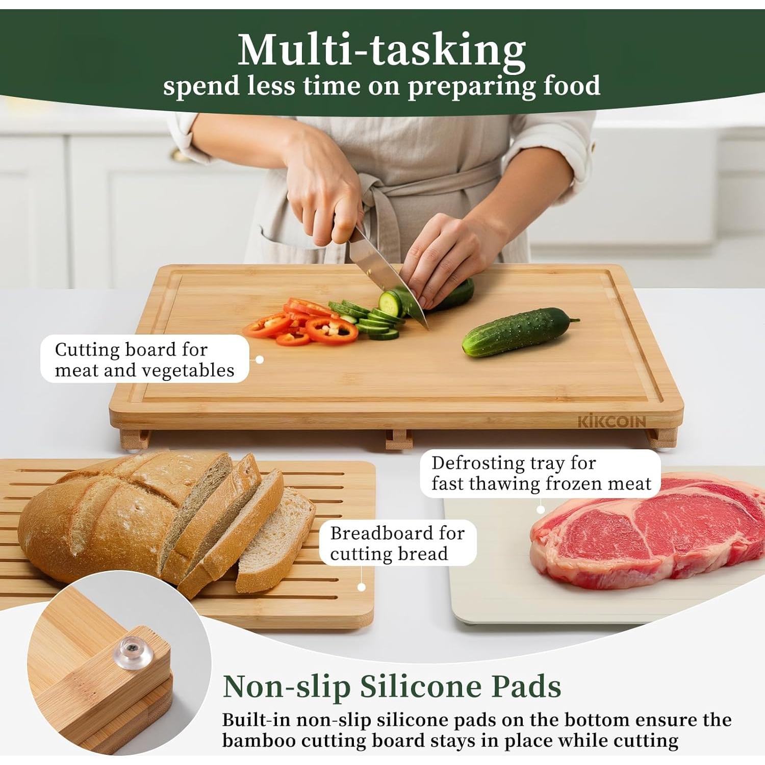Juego de tablas de cortar de bambú Kikcoin con bandeja de descongelación