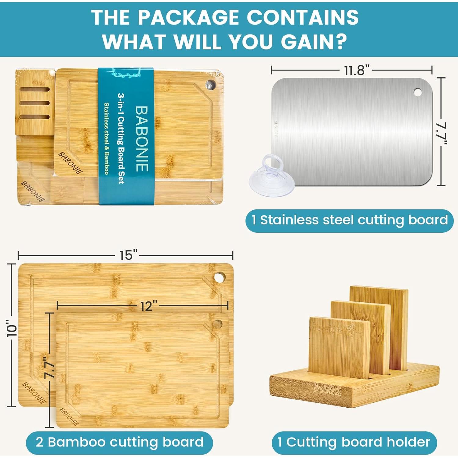 Juego de Tablas de Cortar de Bambú y Acero Inoxidable BABONIE