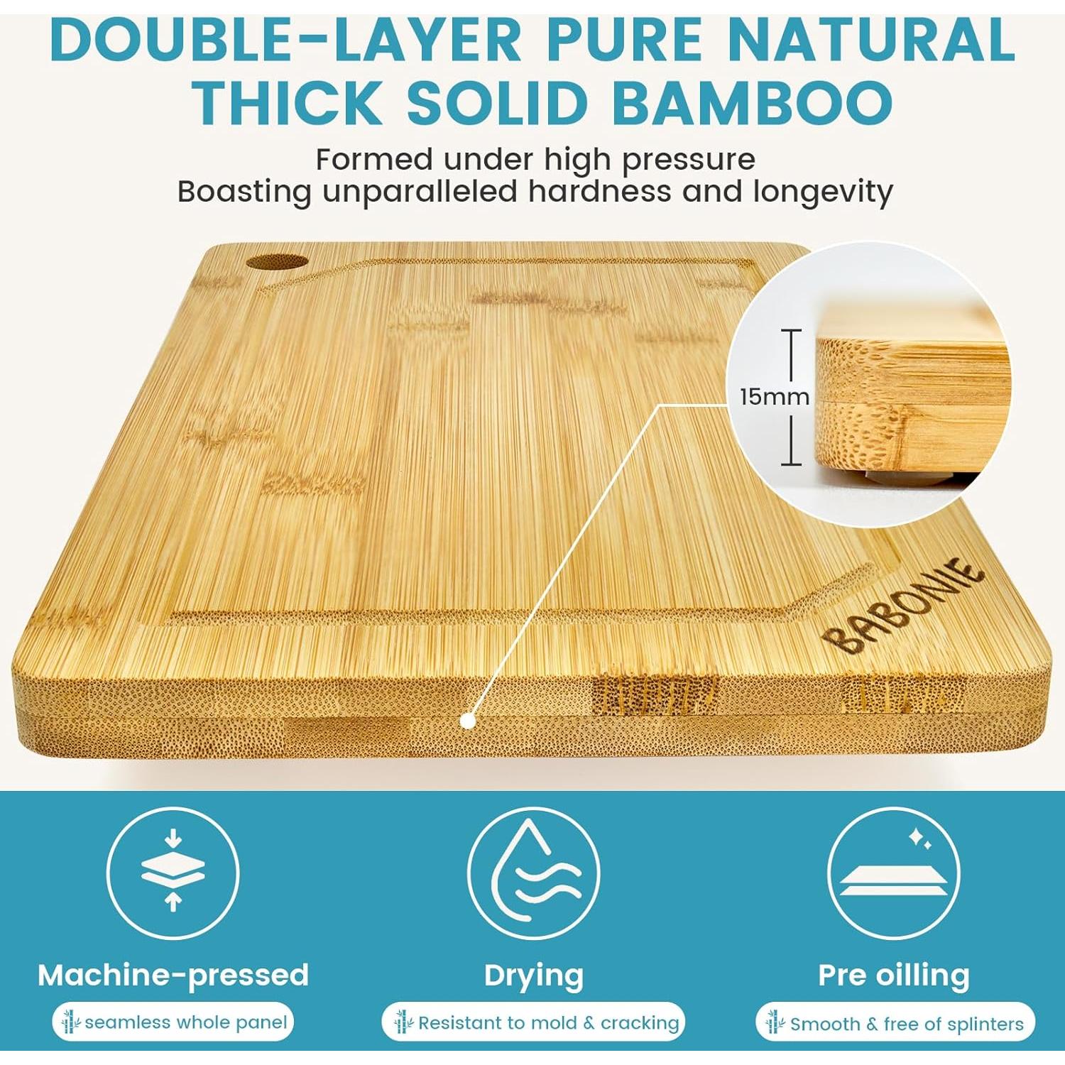 Juego de Tablas de Cortar de Bambú y Acero Inoxidable BABONIE