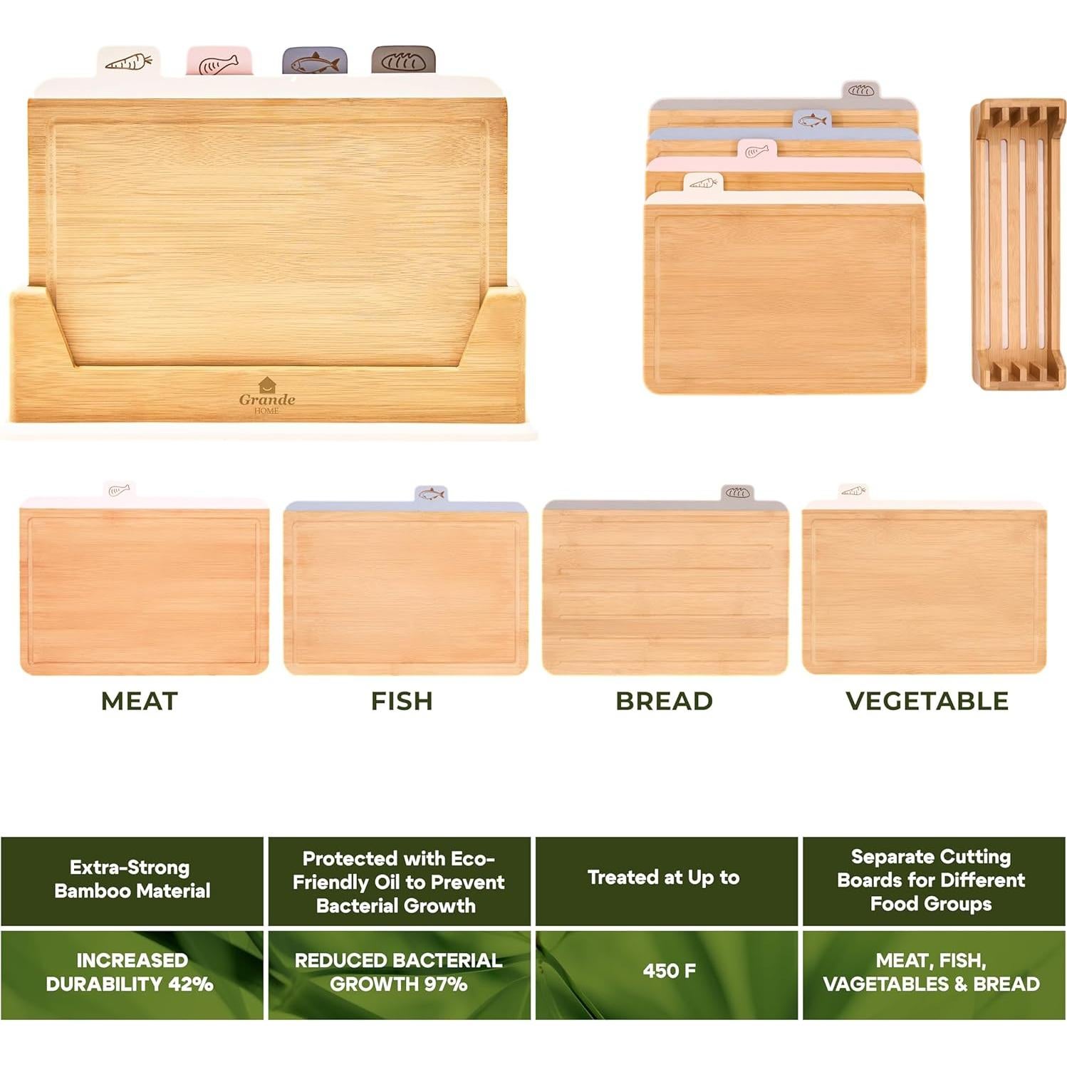 Set de 5 Tablas de Cortar de Bambú Grande Home con Soporte