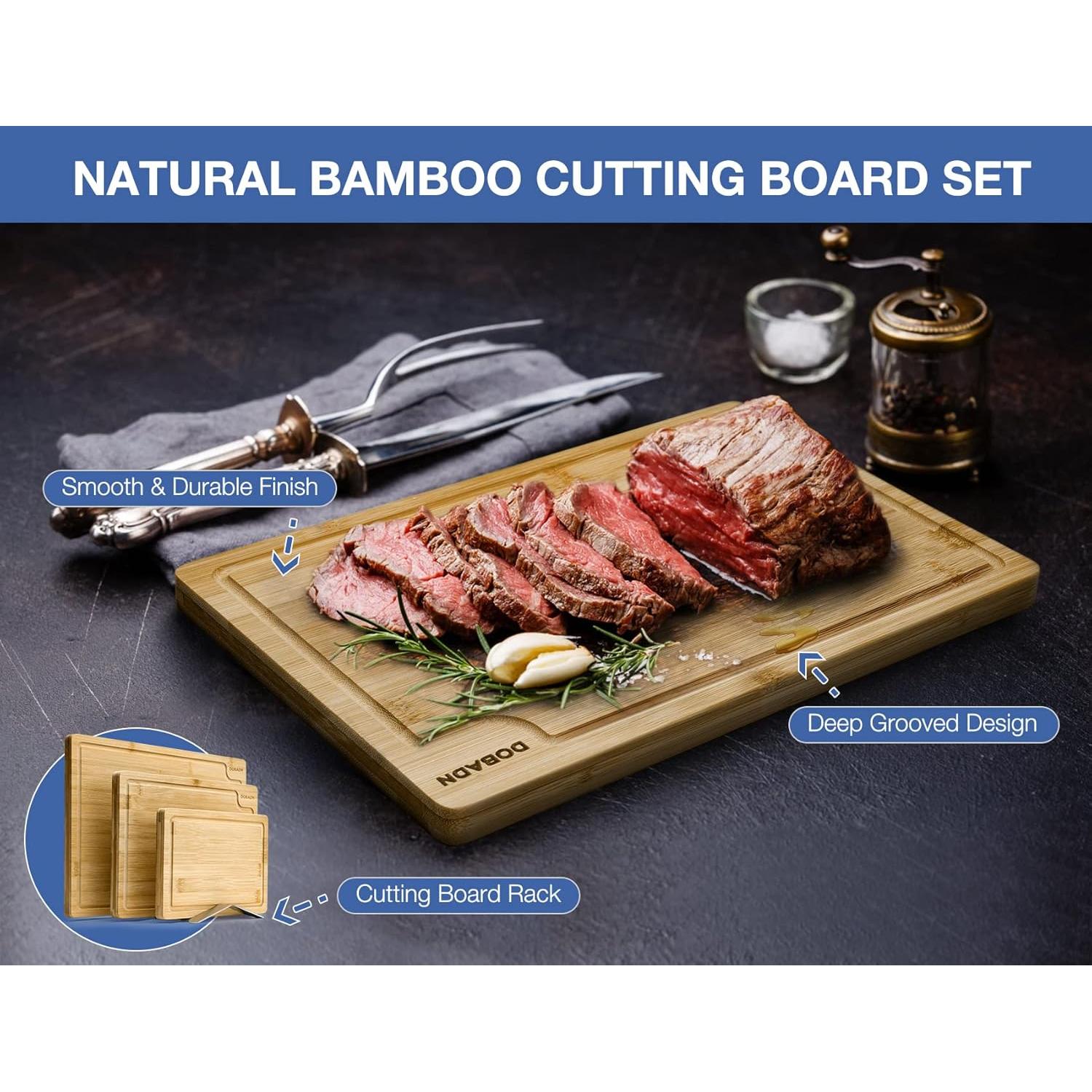 Juego de 3 Tablas de Cortar DOBADN de Bambú con Canal para Jugo