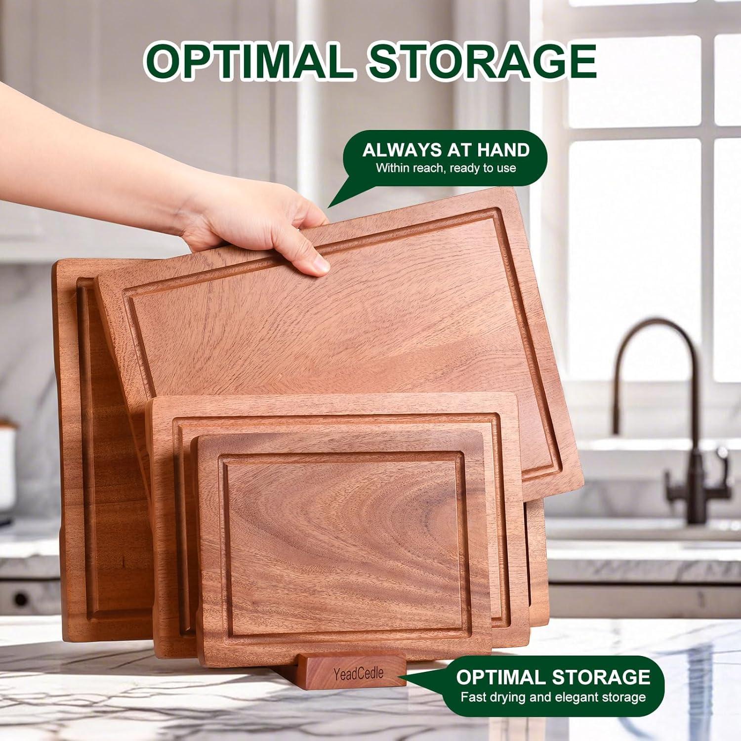 Juego de tablas de cortar de madera YeadCedle 4 piezas con soporte