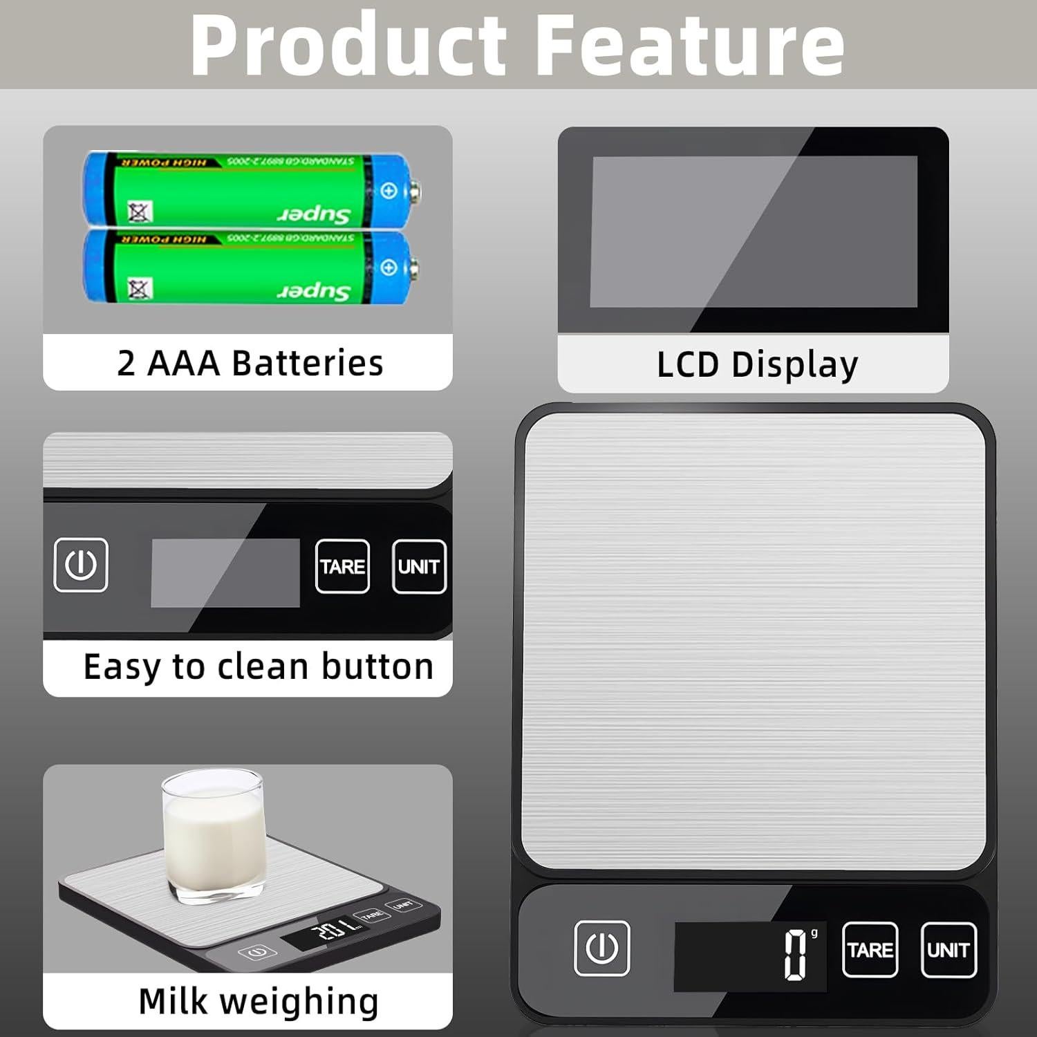 Báscula de Cocina Digital YONCON 10kg Acero Inoxidable LCD