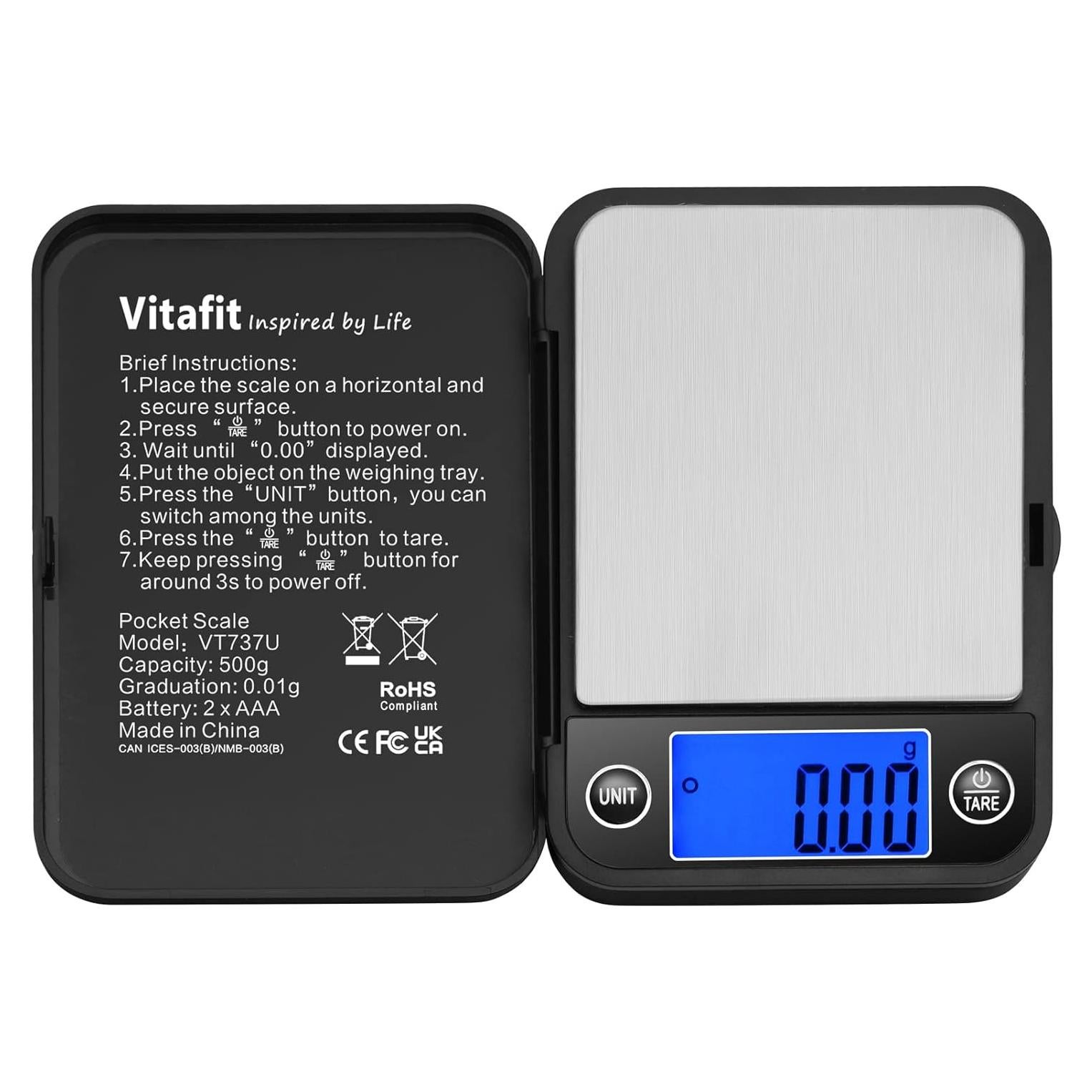 Balanza Digital de Bolsillo Vitafit 500g Alta Precisión Negra
