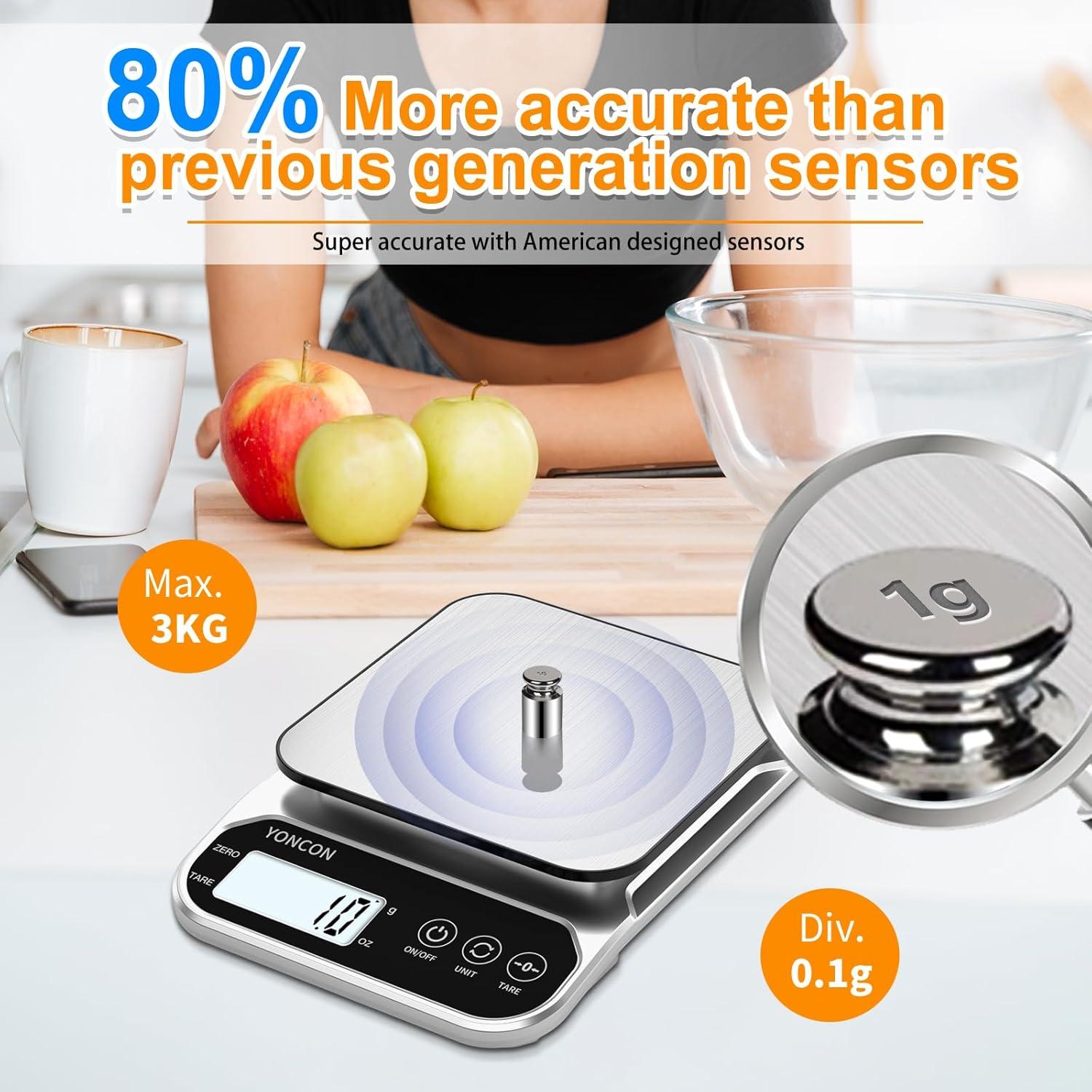 Báscula de Cocina Digital YONCON 3kg/0.1g, Precisa y Función Tara