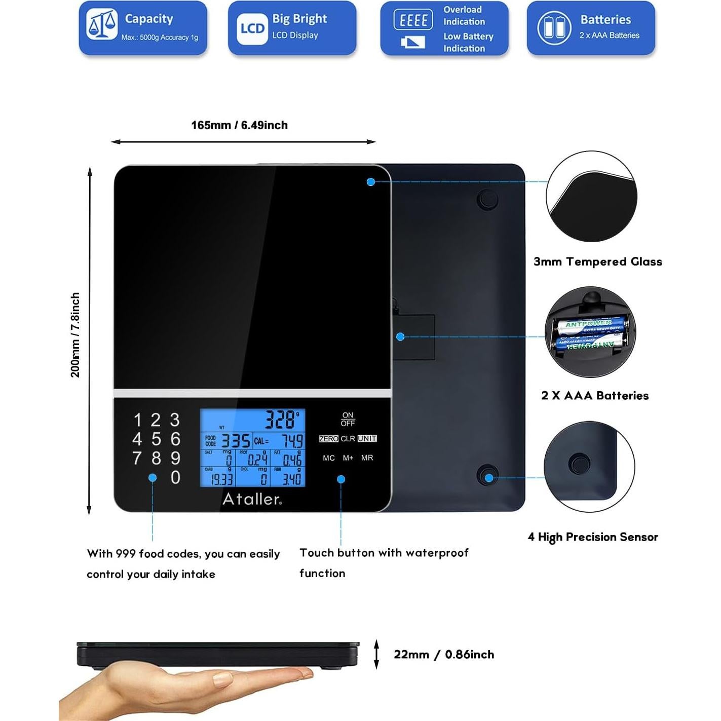 Báscula Digital de Alimentos Ataller con Calculadora Nutricional 5kg