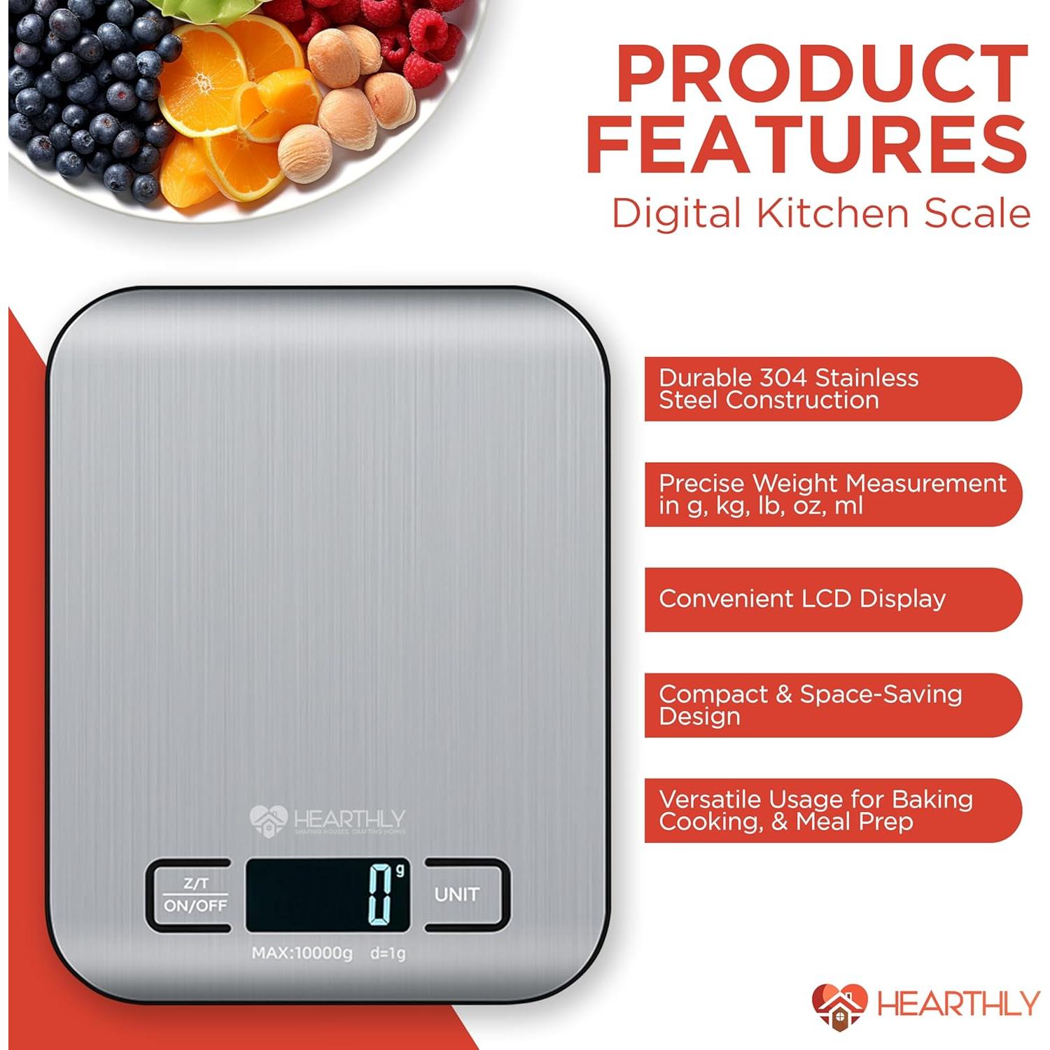 Báscula Digital de Cocina Hearthly 10kg Acero Inoxidable
