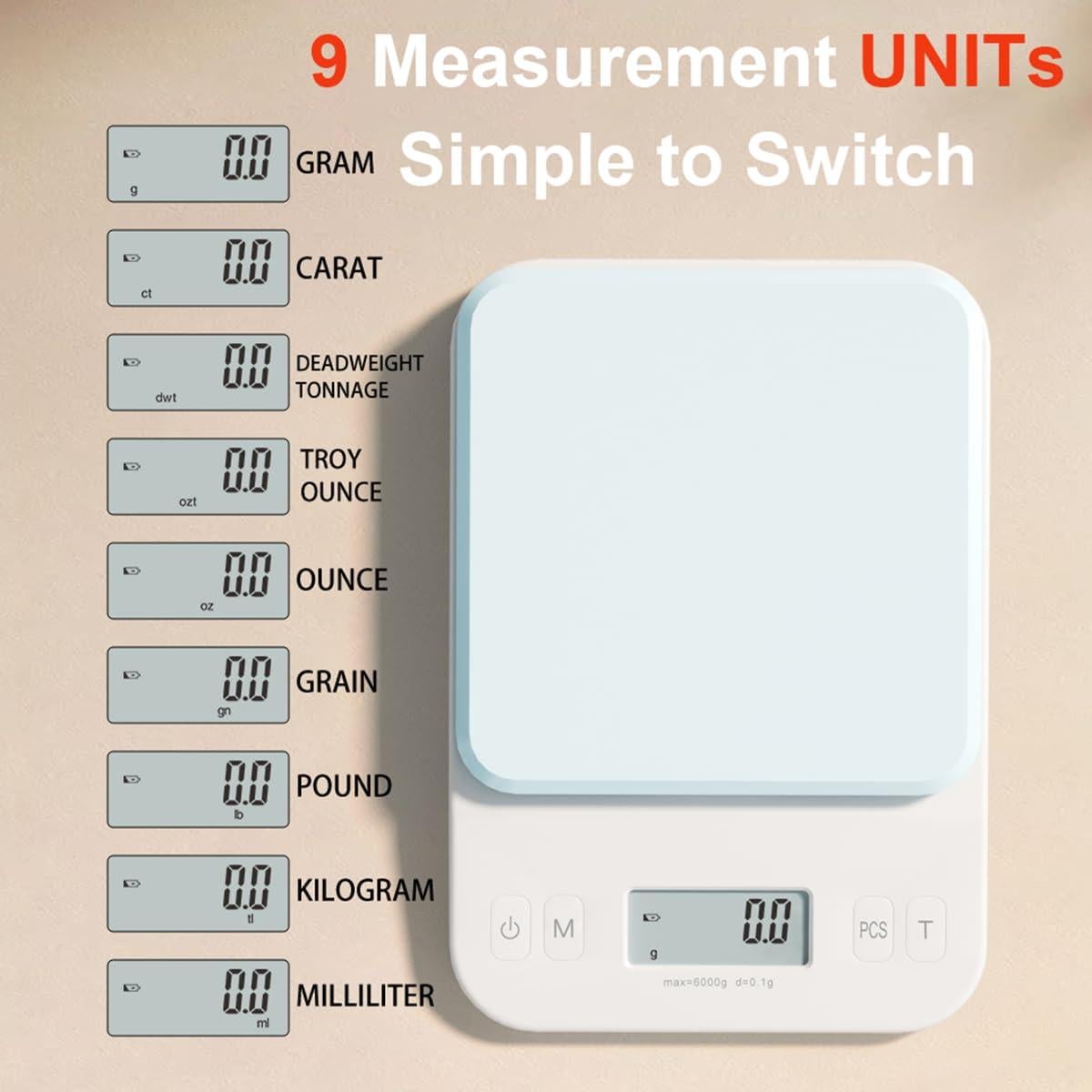 Balanza Digital de Cocina YRY Elfo Blanco 6kg/0.1g LCD Retroiluminado