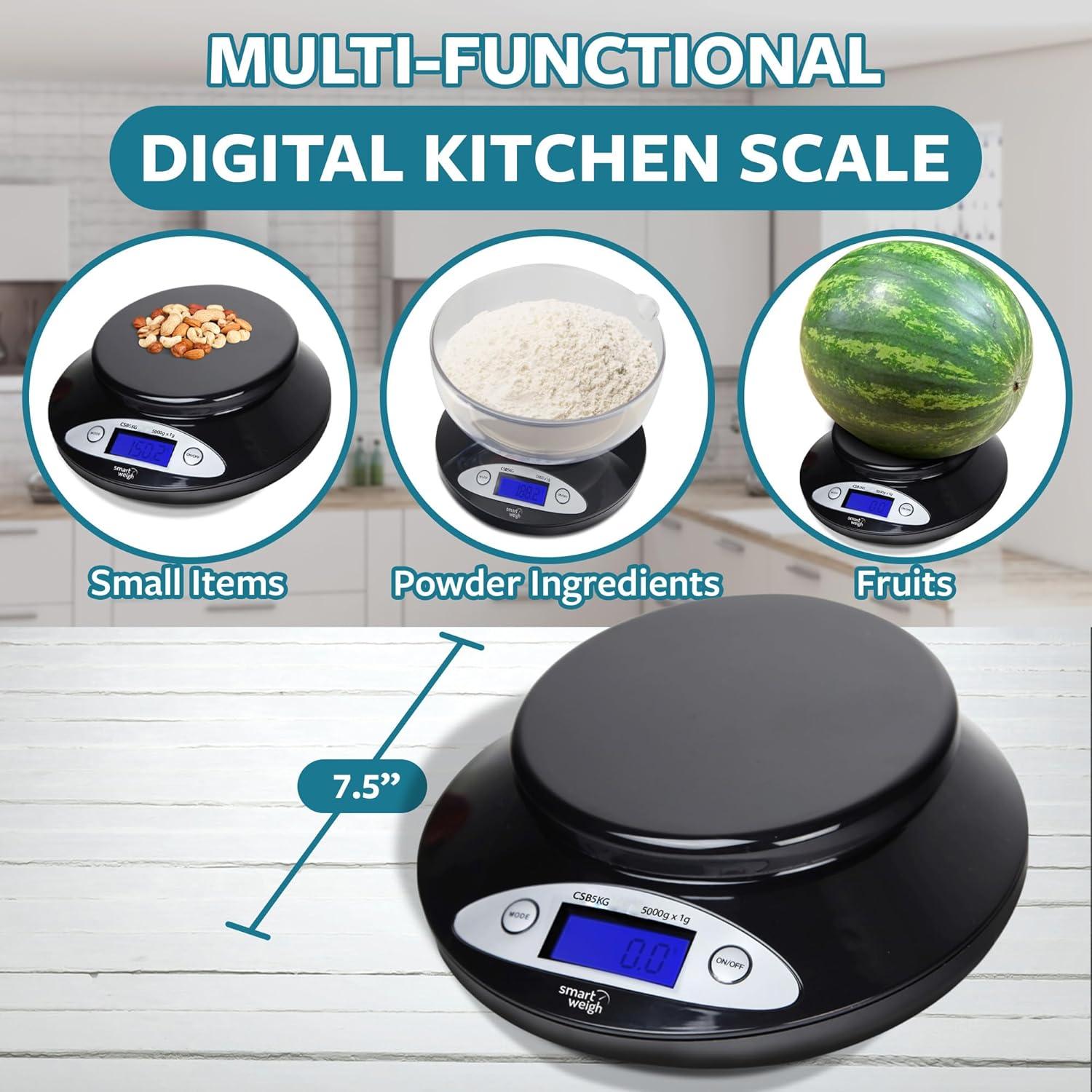 Báscula de Cocina Digital Smart Weigh 5kg con Tazón Removible