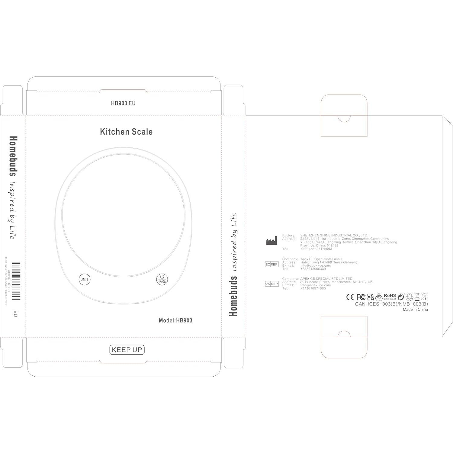Balanza Digital de Cocina Homebuds HB903 10kg Precisión 1g Negra