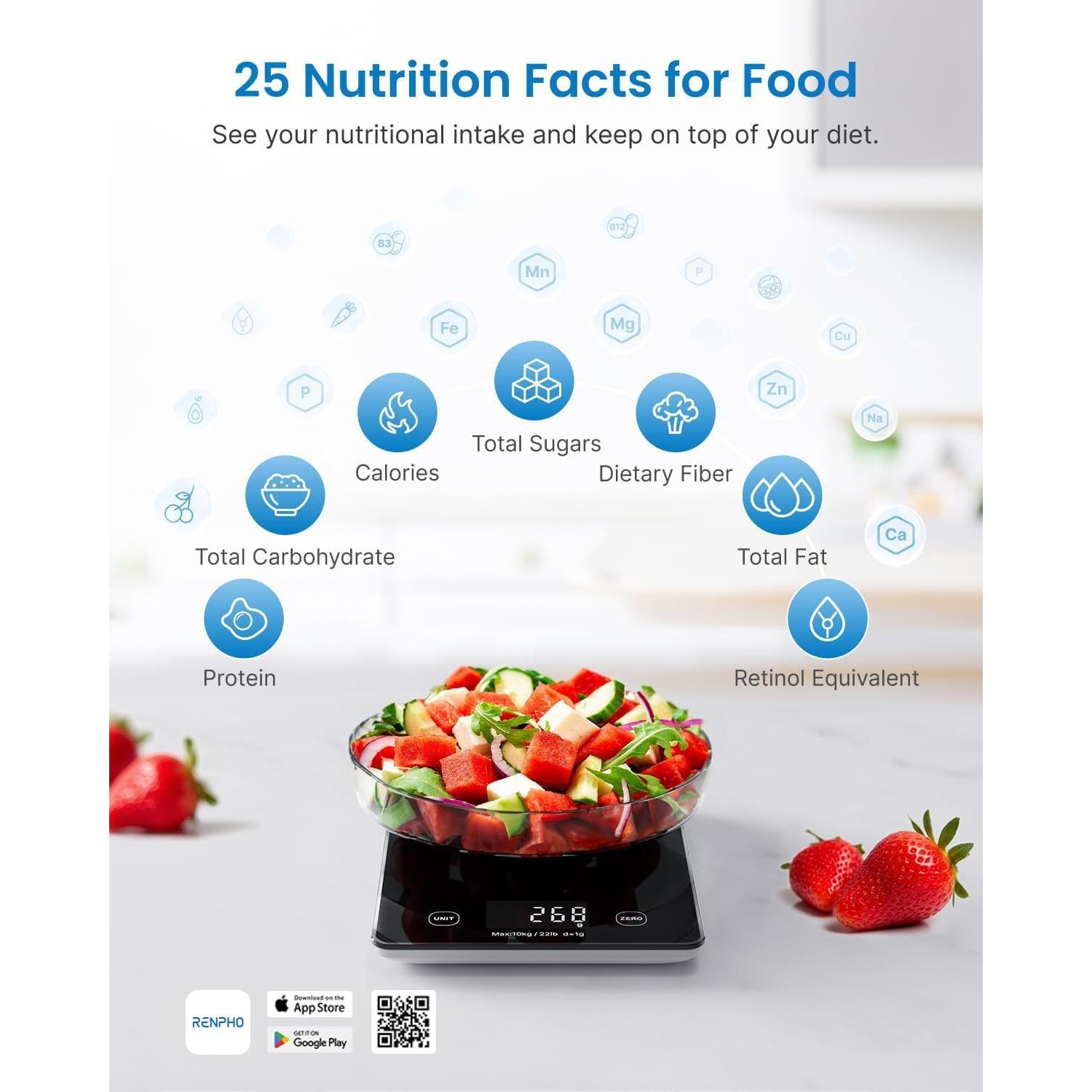 Báscula Digital de Cocina RENPHO 10kg, Vidrio Negro, Nutricional