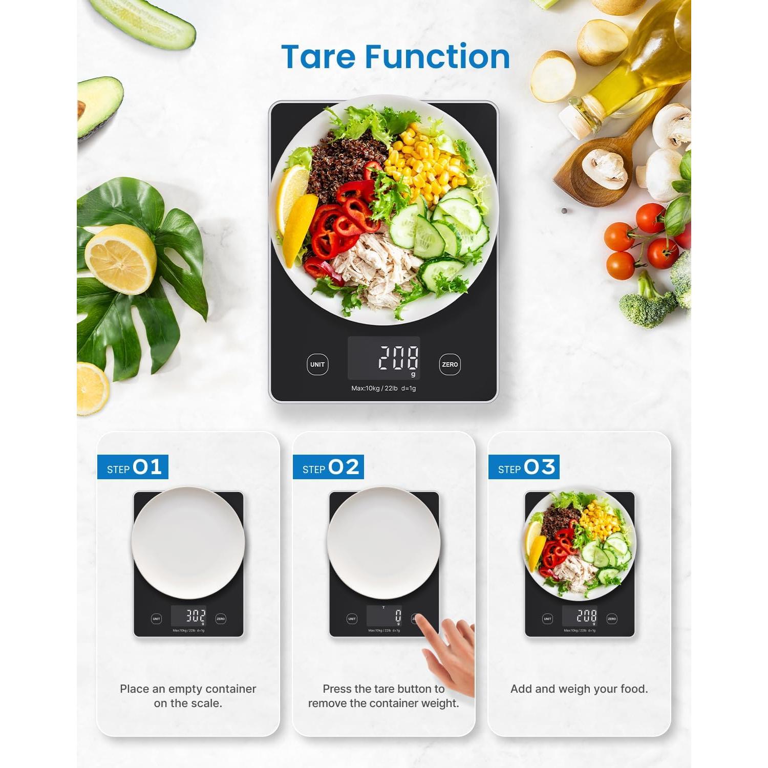 Báscula Digital de Cocina RENPHO 10kg, Vidrio Negro, Nutricional