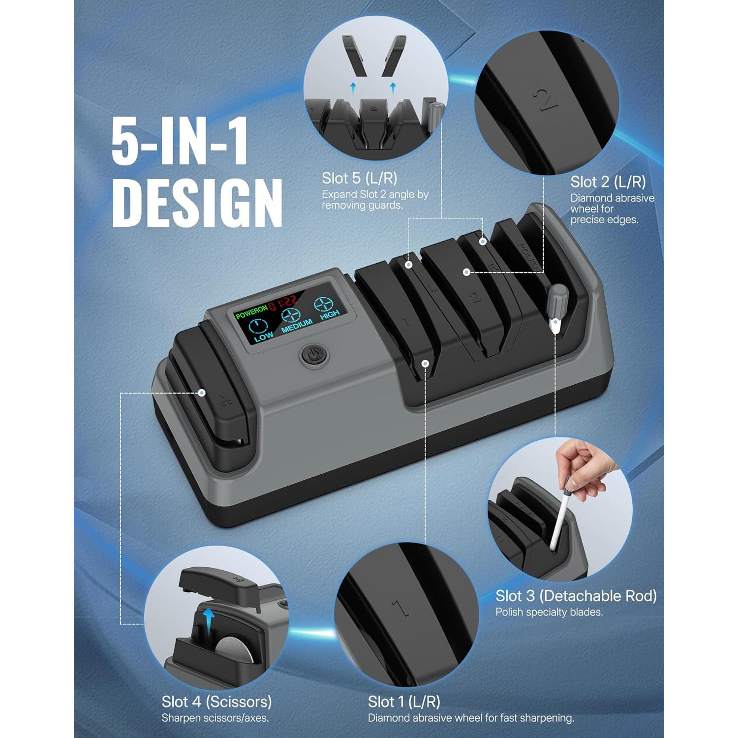 Afilador de cuchillos eléctrico WILAWELS 5 en 1 ajustable