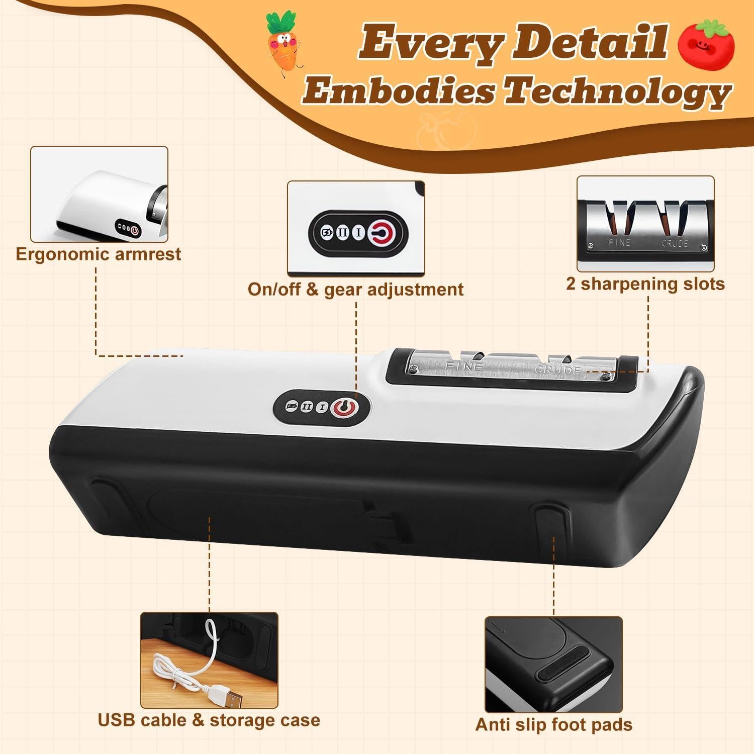 Afilador de cuchillos eléctrico RJUGT recargable USB 2 en 1